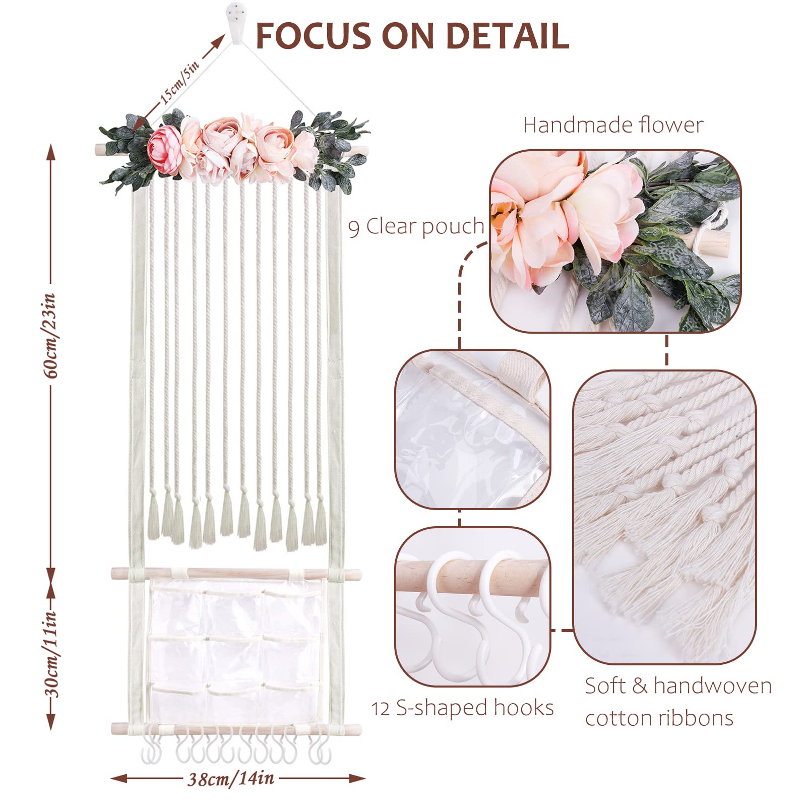 Cherrboll Girls Hair Bows Holder & Headband Organizer - Wall-Mounted Hair Clips Hanger Storage with Hooks - Nursery Room Decor for Baby Shower & Kids Bedroom Organization