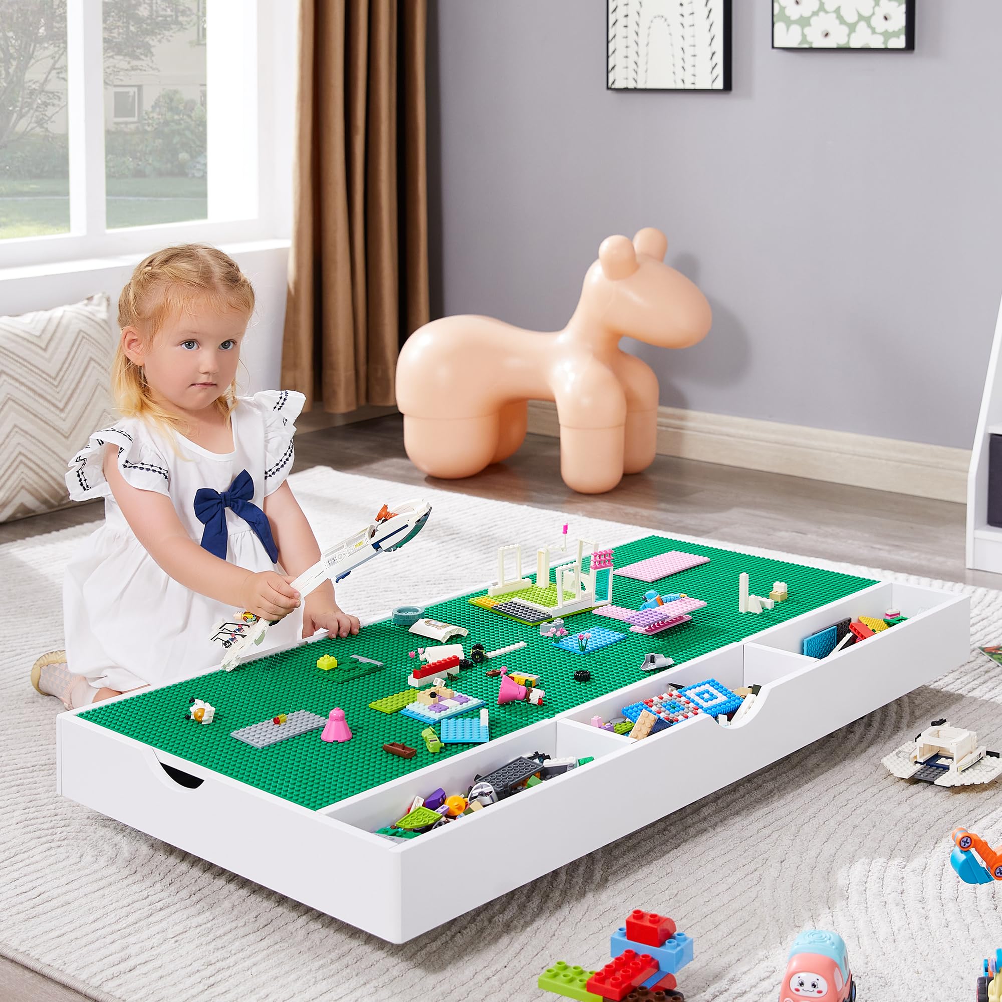 2 in 1 Construction Play Table - Lego Compatible Building Blocks & Train Game Table with Locking Wheels, Storage Space - Kids Activity Center for Bedroom, Playroom or Living Room (White)
