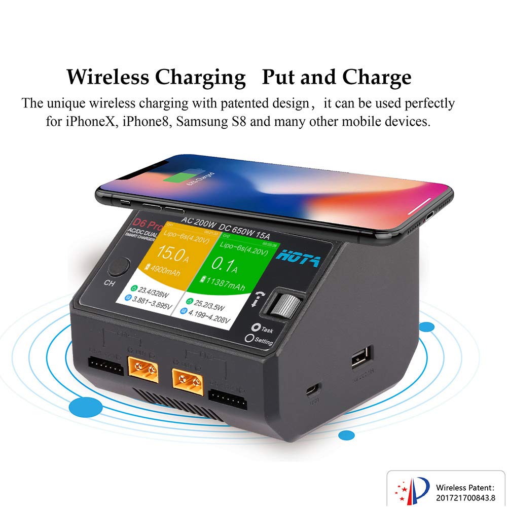 HOTA D6 Pro 200W AC/650W DC Lipo Battery Charger - 15A for LiHv, NiCd, NiMH Batteries with Balance & Phone Wireless Charging - Perfect for RC Cars, Drones, and Hobby Parts