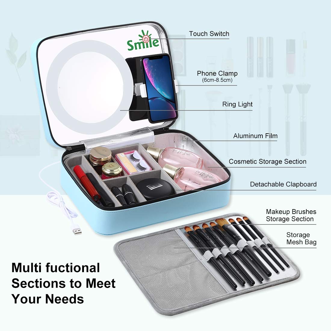 PULUZ Multifunctional Makeup Organizer & Cosmetic Storage Box with Ring Light, Mirror & Phone Clamp - Perfect for Live Streaming, Makeup Vanity, Photography & Video Recording (Blue)