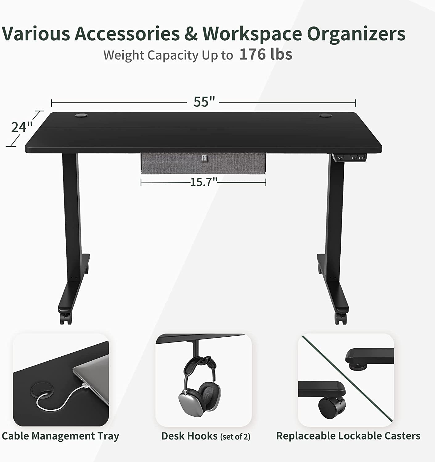 FEZIBO 55x24 Inches Electric Standing Desk with Drawer - Adjustable Height Sit Stand Desk with Storage, Ergonomic Home Office Computer Desk (Black) - Perfect for Remote Work, Gaming & Study Spaces