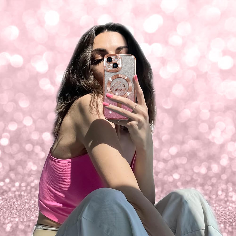 Magnetic Glitter Case for iPhone 15 - Luxury Gold Plated Heart Design, Magsafe Compatible Clear Protective Cover with Camera Protector, Shockproof Slim Phone Case for Women & Girls (Pink) - Perfect for Everyday Use, Dating, Parties & Gift Giving