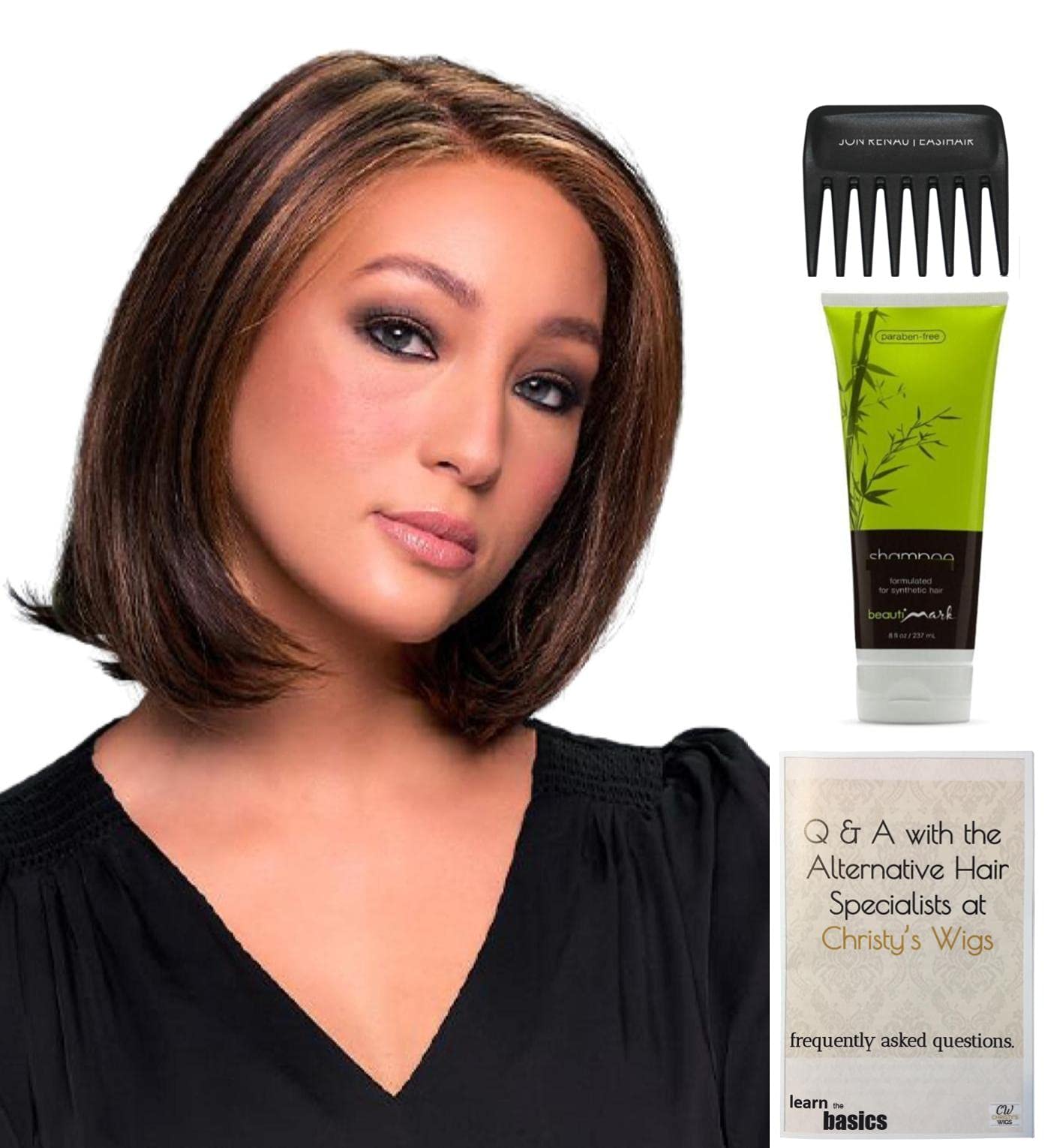 Jon Renau Cameron Lite Synthetic Wig Bundle - 4 Items (101F48T Color) with Christy's Wigs Q&A Booklet, BeautiMark Shampoo & Wide Tooth Comb - Perfect for Daily Wear, Cosplay & Hair Loss Solutions