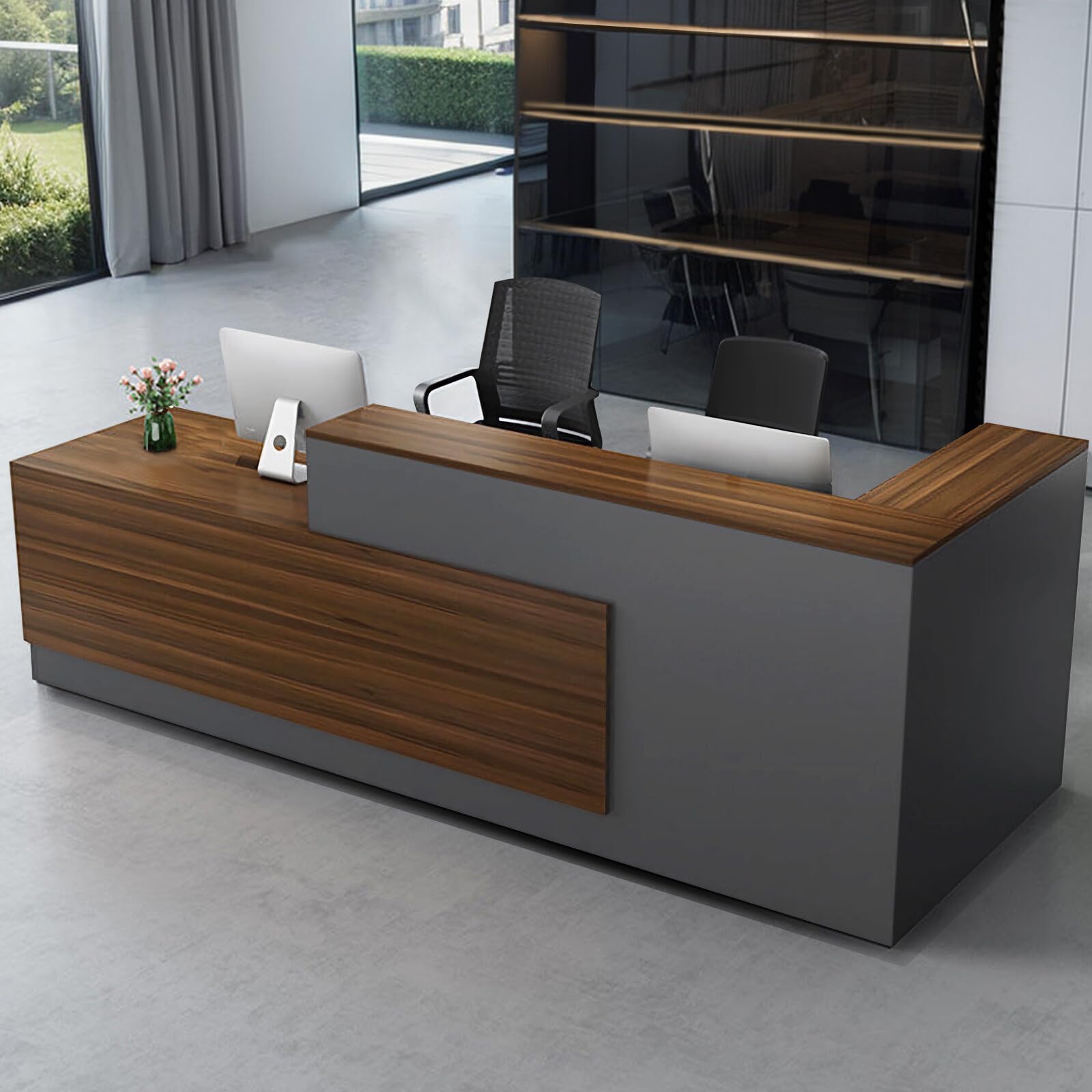 Modern L-Shaped Reception Desk with Hutch - Office Reception Counter Table with Lockable Drawer & Cabinet - Wooden Computer Front Desk in Walnut & Iron Gray (86.61