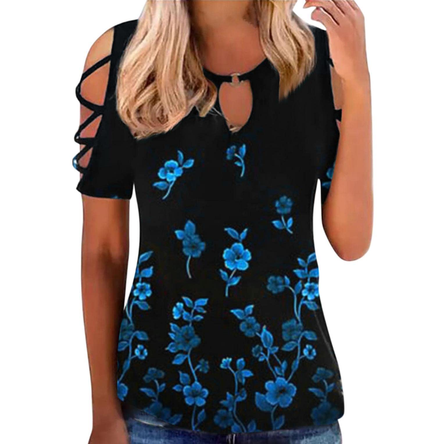 Women's Summer Tops - Floral Print Casual Sexy Hollow Out T-Shirt & Tunic Blouse with Keyhole Detail | Short Sleeve Dressy Shirts for Beach, Party & Date Night Outfits