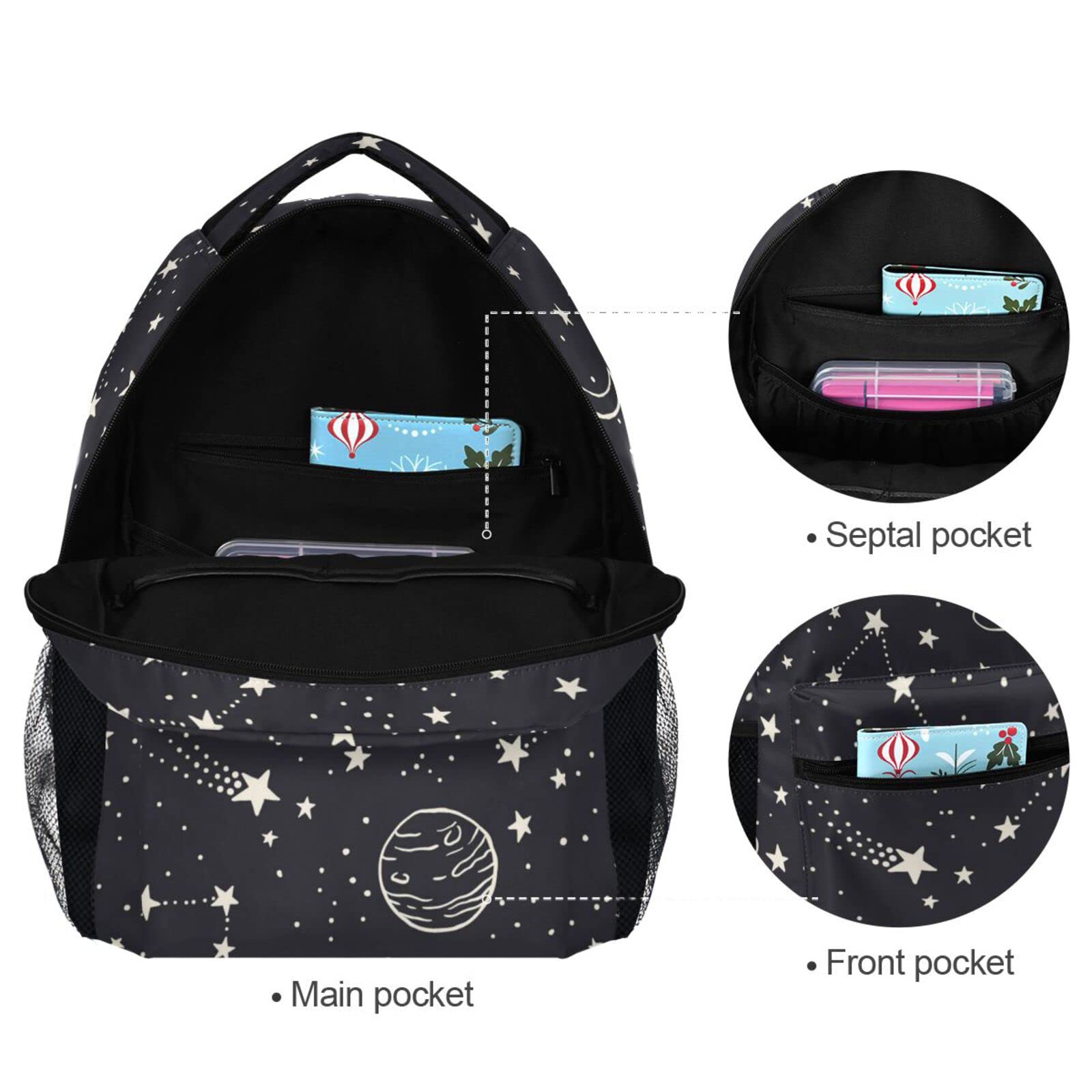 JIPONI Night Sky Planets Stars Moon Constellation Doodle Backpack for Kids & Teens - School Bookbag, Laptop Backpack, Travel Daypack for Students (Perfect for School, College, Travel & Outdoor Adventures)