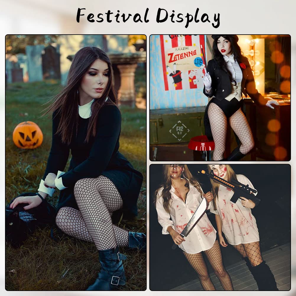 Aomig 4 PCS Black Fishnet Tights for Women - Sexy High Waist Pantyhose Stockings with Suspender, One Size Fits All - Perfect for Halloween, Cosplay, Burlesque & Night Out Outfits