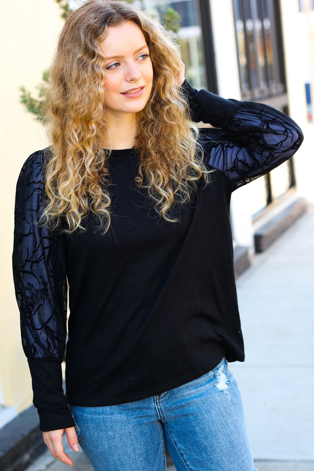 Black Floral Mesh Bubble Sleeve Top for Women - Elegant Blouse for Party, Date Night & Special Occasions