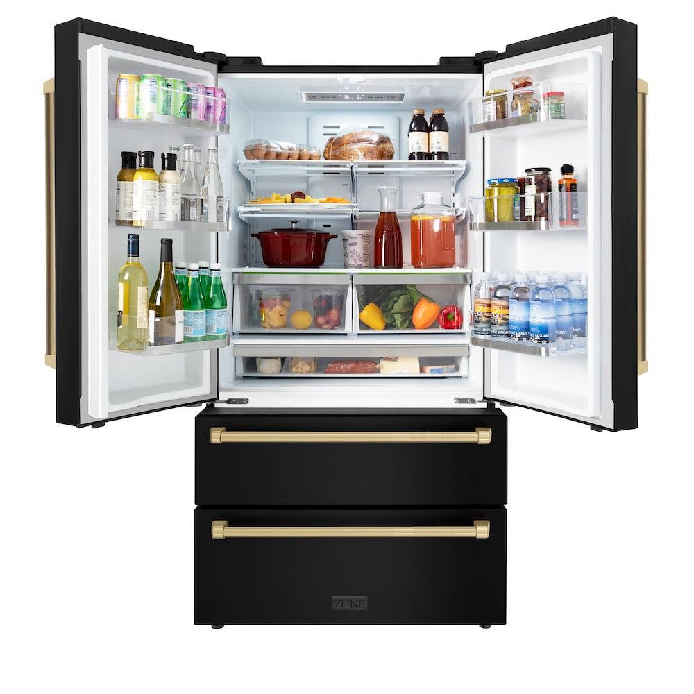 ZLINE Autograph Edition 48-inch Black Stainless Steel Kitchen Package - Dual Fuel Range, Range Hood, Dishwasher & Refrigerator with Champagne Bronze Accents (4AKPR RABRHDWV48 CB) - Perfect for Modern Luxury Kitchens & Gourmet Cooking
