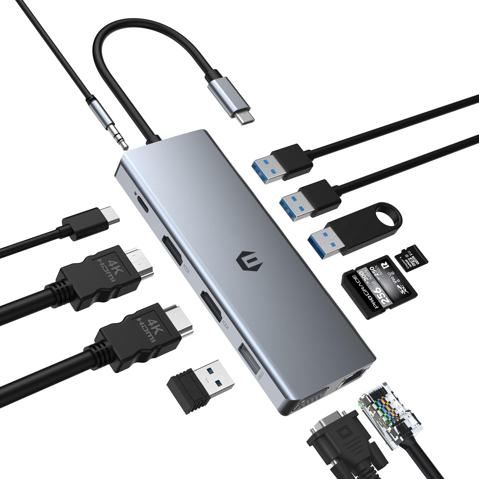 12-in-1 USB C Hub Adapter with Triple Display, 100W PD Charging, 2 HDMI/VGA, 4 USB Ports, Ethernet & Card Readers - Compatible with MacBook, Laptop, PC for Home Office, Gaming & Multimedia
