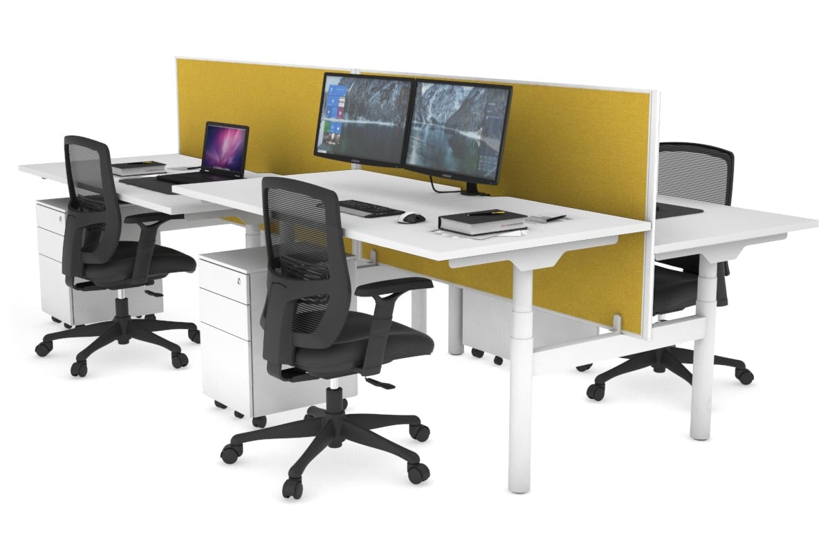 Flexi Premium Height Adjustable 4-Person H Bench Workstation - White Frame [1400L x 800W with Cable Management] - Ideal for Office, Coworking Spaces & Home Offices
