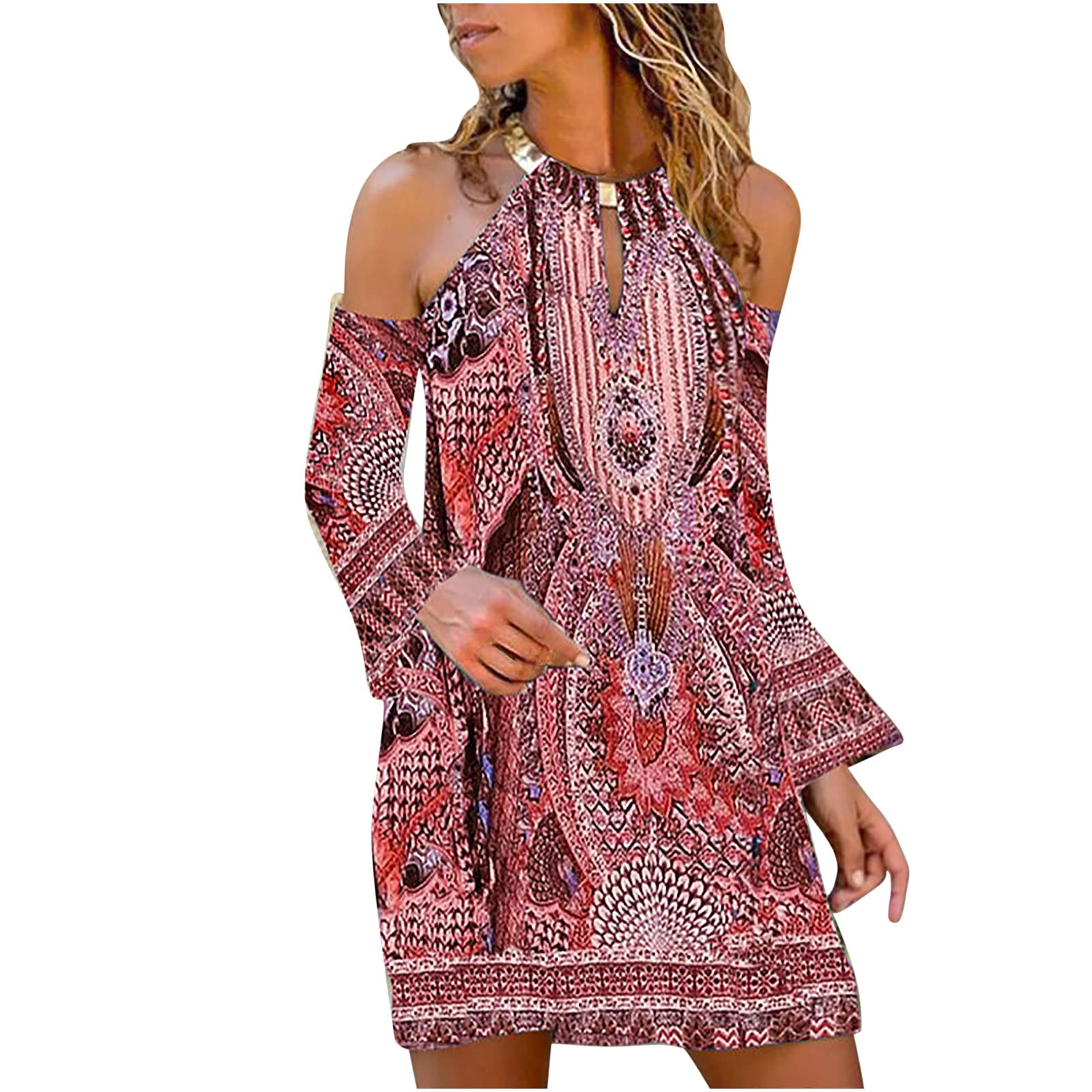 Vintage Floral Off Shoulder Dress for Women - Elegant Boho Mini Dress with Halter Neckline, Perfect for Beach Vacations, Summer Parties & Casual Outings