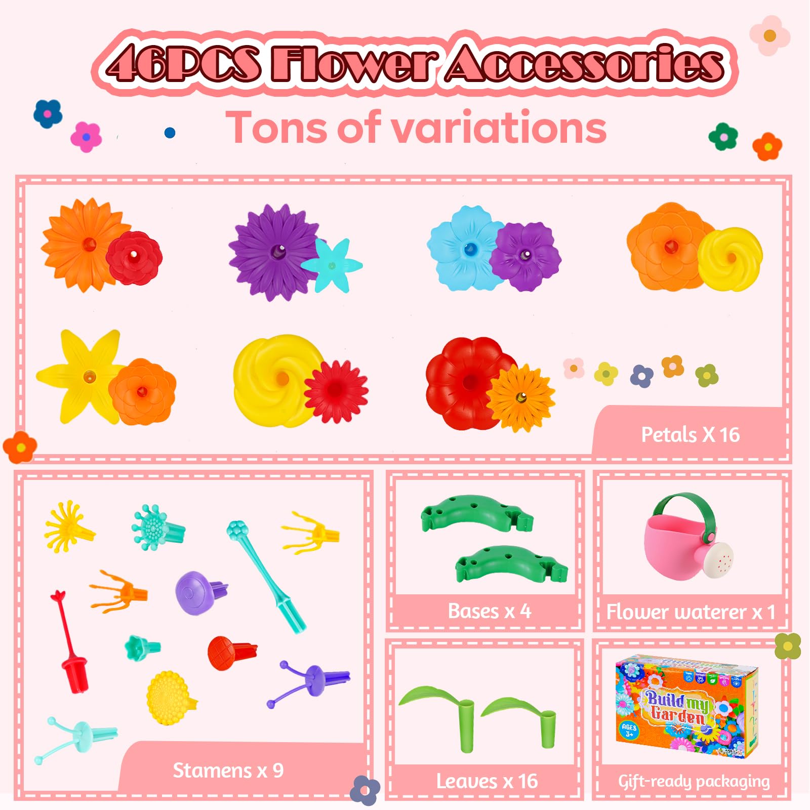 FUNZBO Flower Garden Building Toys Set - STEM Montessori Educational Sorting & Stacking Toy for Toddlers Age 2-6, Perfect Easter & Birthday Gift for Girls | Creative Spring Gardening Play for Preschool Learning