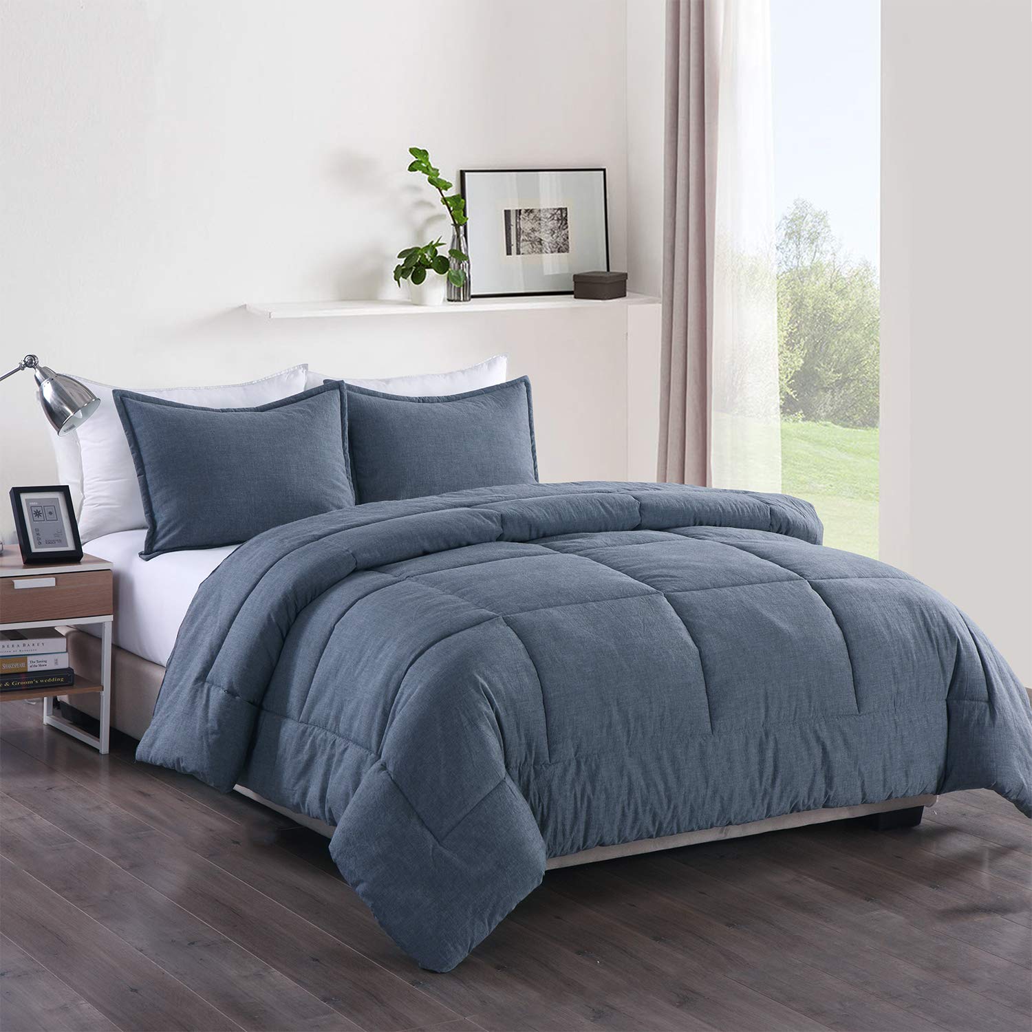 Premium Washed Cotton Comforter Set - Soft & Breathable King Size Bedding - Blue Distressed Loft Style Duvet Cover - Perfect for Cozy Bedrooms, Guest Rooms & Airbnb Stays