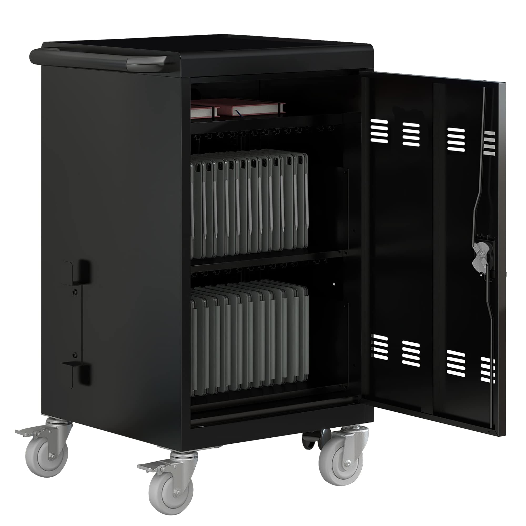 32 Device Rolling Laptop Charging Cart with Surge Protection - 10-Pack Mobile Charging & Storage Cabinet for Chromebooks, Front & Back Access Locking, Black - Ideal for Schools, Offices, and Tech Labs