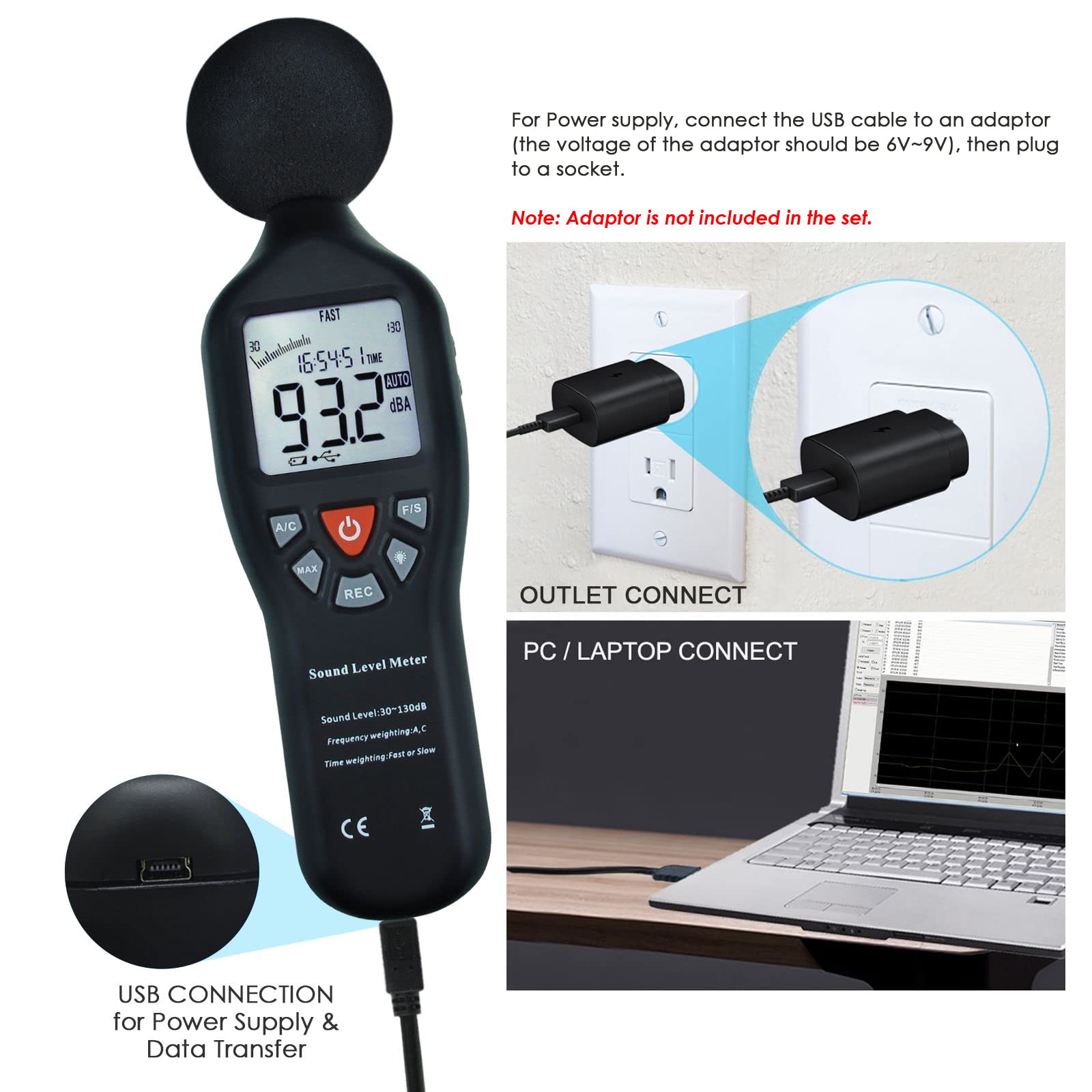 Professional Decibel Meter Sound Level Tester 30-130dB with Data Logger & Backlit LCD - Noise Measurement for Home, Workplace, and Industrial Use - Includes CD Software for Audio Analysis
