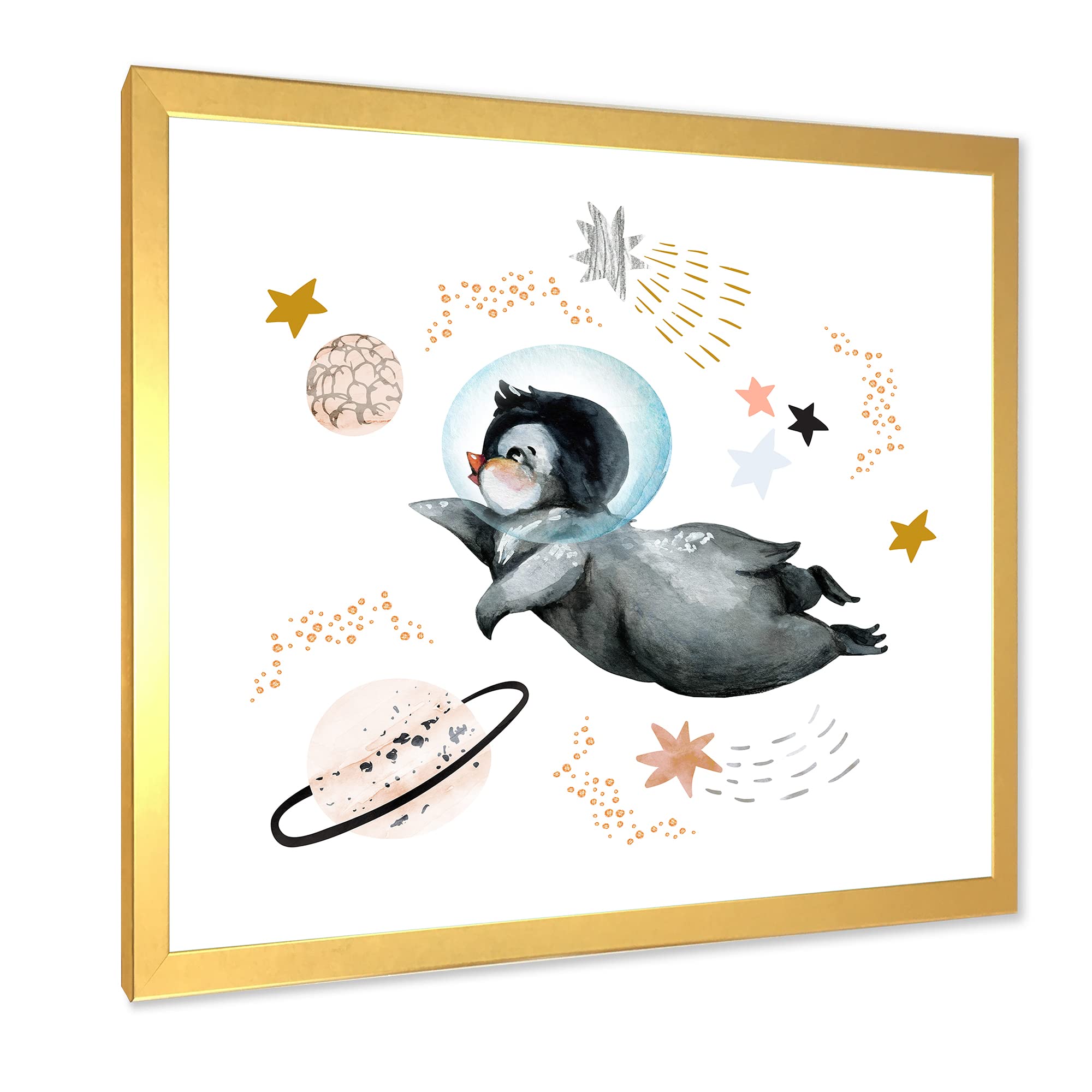 DesignQ Little Penguin Flying Stars and Planets II Farmhouse Framed Wall Art - Nursery Decor, Kids Room Wall Decor, Living Room Artwork