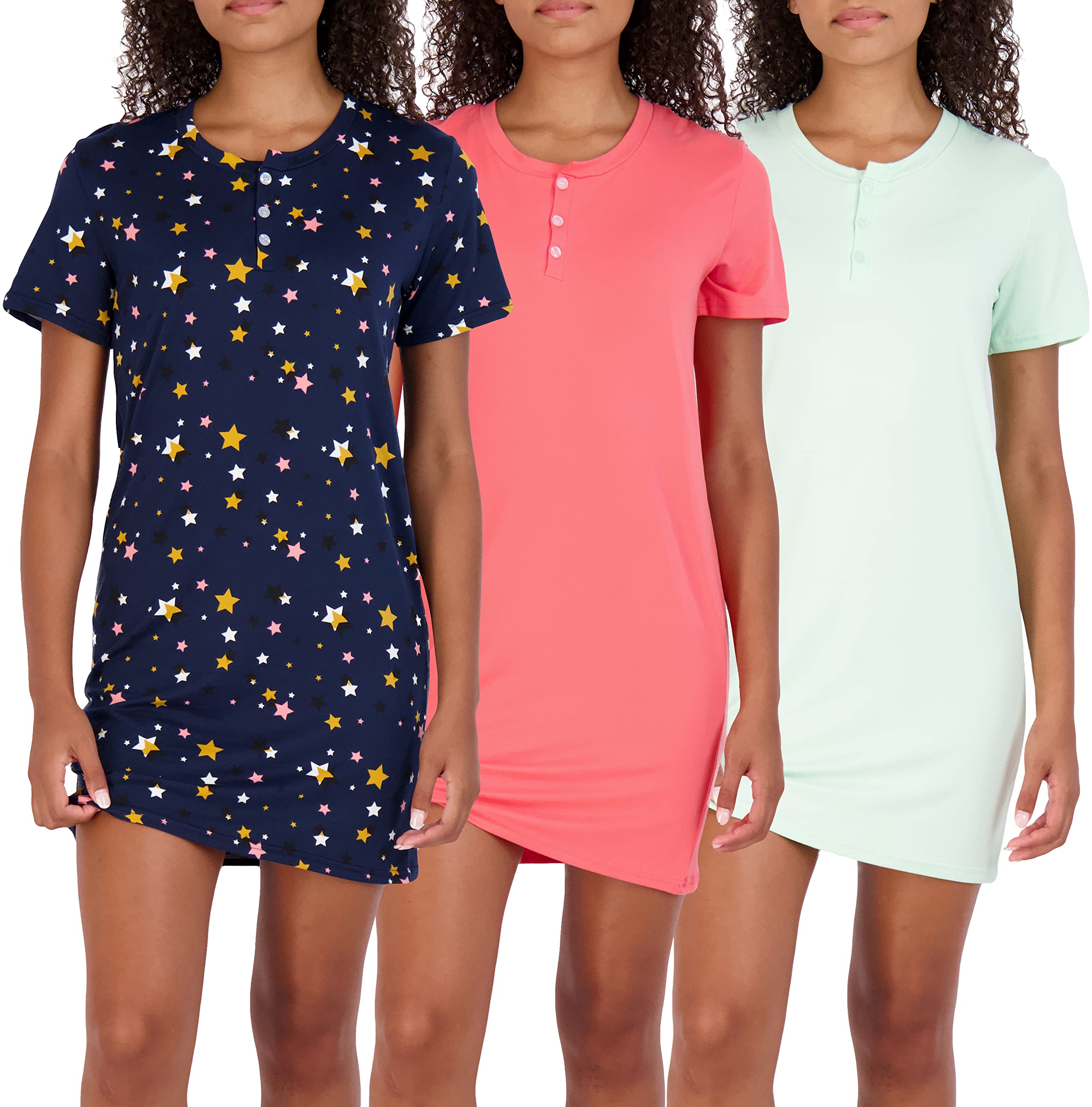 Real Essentials Women's Soft Short Sleeve Henley Nightshirt - Comfortable Sleepwear & Lounge Wear for Relaxing at Home