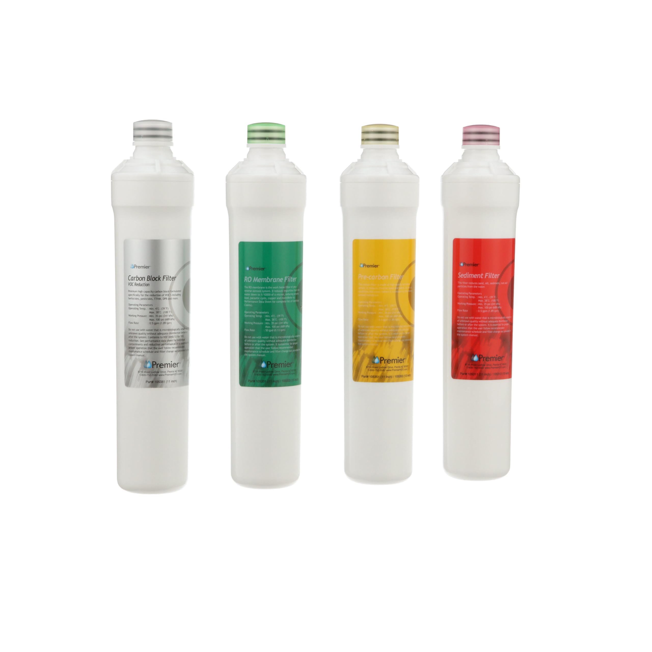 Watts Premier RO Pure Plus 4-Pack Water Filter Replacement Kit for 4-Stage Reverse Osmosis Systems - Includes Sediment Filter, Carbon Pre-Filter, VOC & Membrane - Easy Push Button Installation for Clean Drinking Water at Home