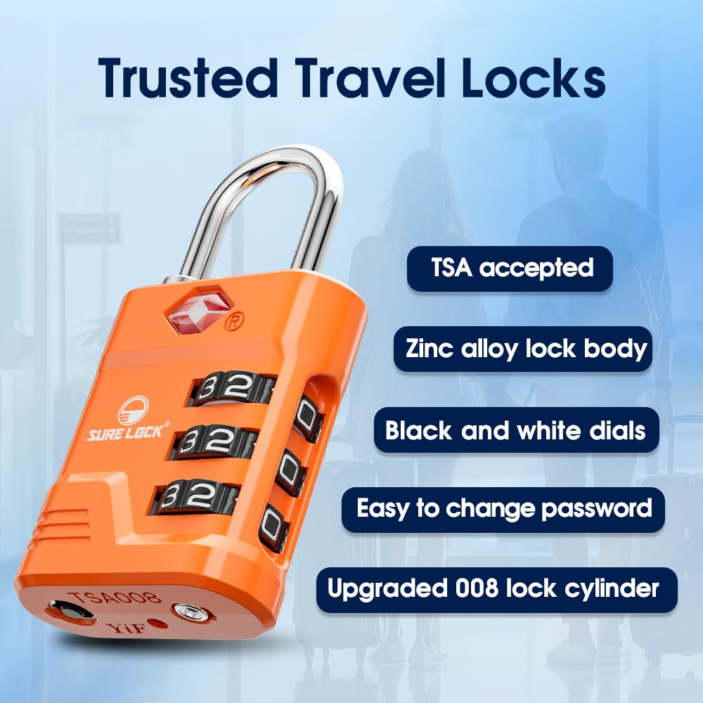 TSA Approved Luggage Locks - SURE LOCK High Security Travel Locks with Open Alert & Easy Read Dials, Zinc Alloy Body, TSA008 Key - 2 Pack Orange for Suitcases, Gym Lockers & Backpacks | Perfect for Air Travel, Hotels & Secure Storage