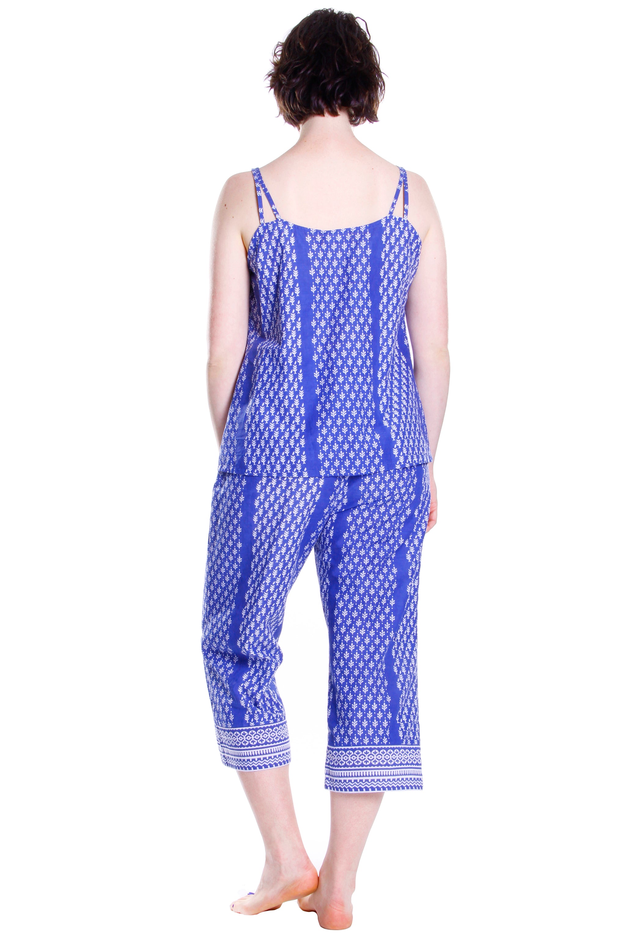 Blue Batik Print Cotton Capri Pajamas for Women - Comfortable Sleepwear Set for Lounge & Nightwear - Perfect for Relaxing at Home or Vacation
