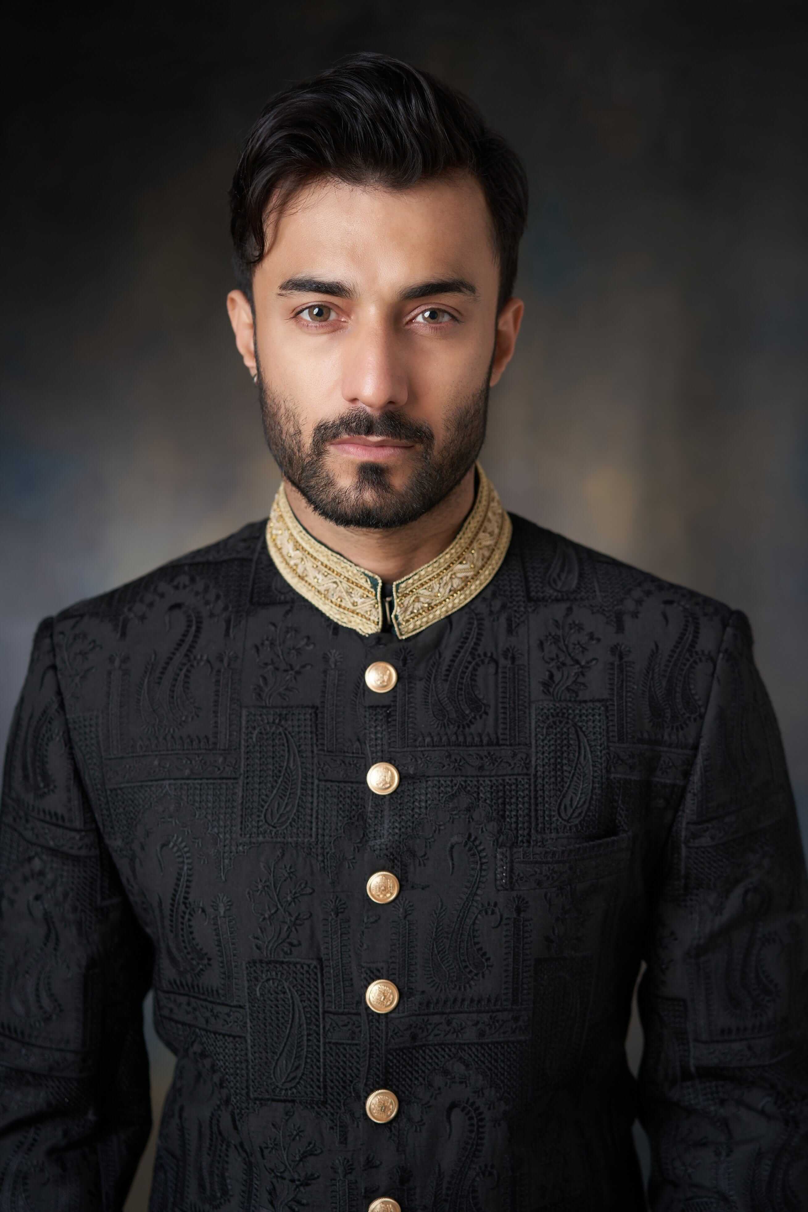 Elegant Black Thread Embroidered Silk Sherwani with Zardozi Adornments | Premium Indian Wedding Attire for Grooms | Perfect for Weddings, Festivals & Special Occasions