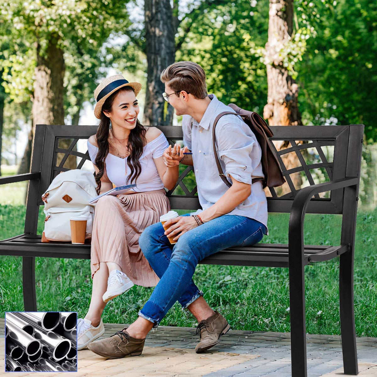 Heavy Duty 400 lbs Cast Iron Garden Bench - Black Checkered Design Outdoor Metal Bench for Patio, Lawn, Porch, Backyard & Park - Durable Park Bench Furniture for Garden, Balcony & Entryway
