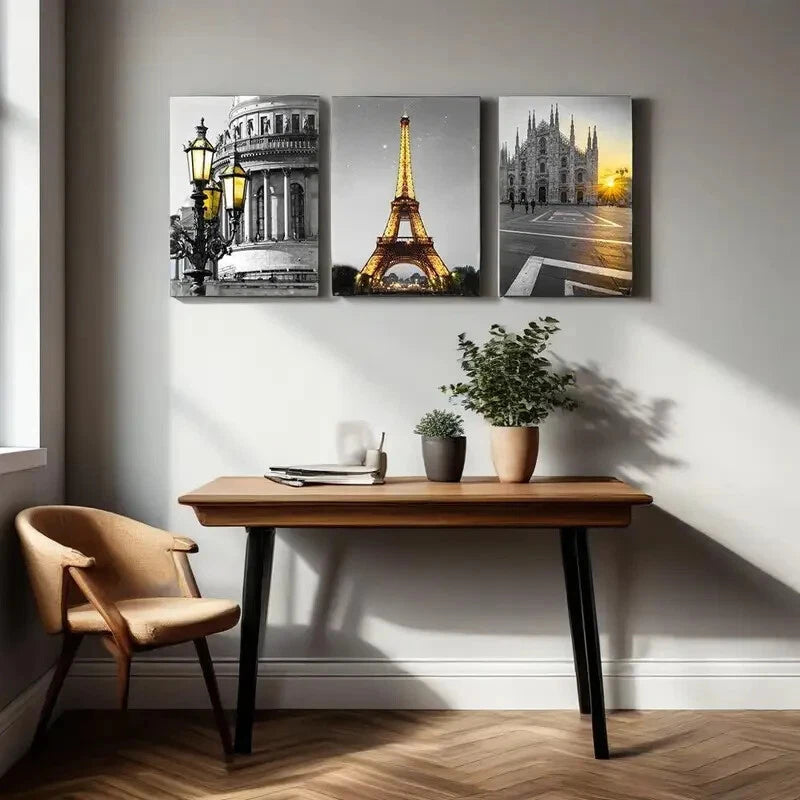 3-Piece Black and White Architectural Landscape Metal Wall Art - Ready to Hang Modern Home Decor for Living Room, Bedroom & Office