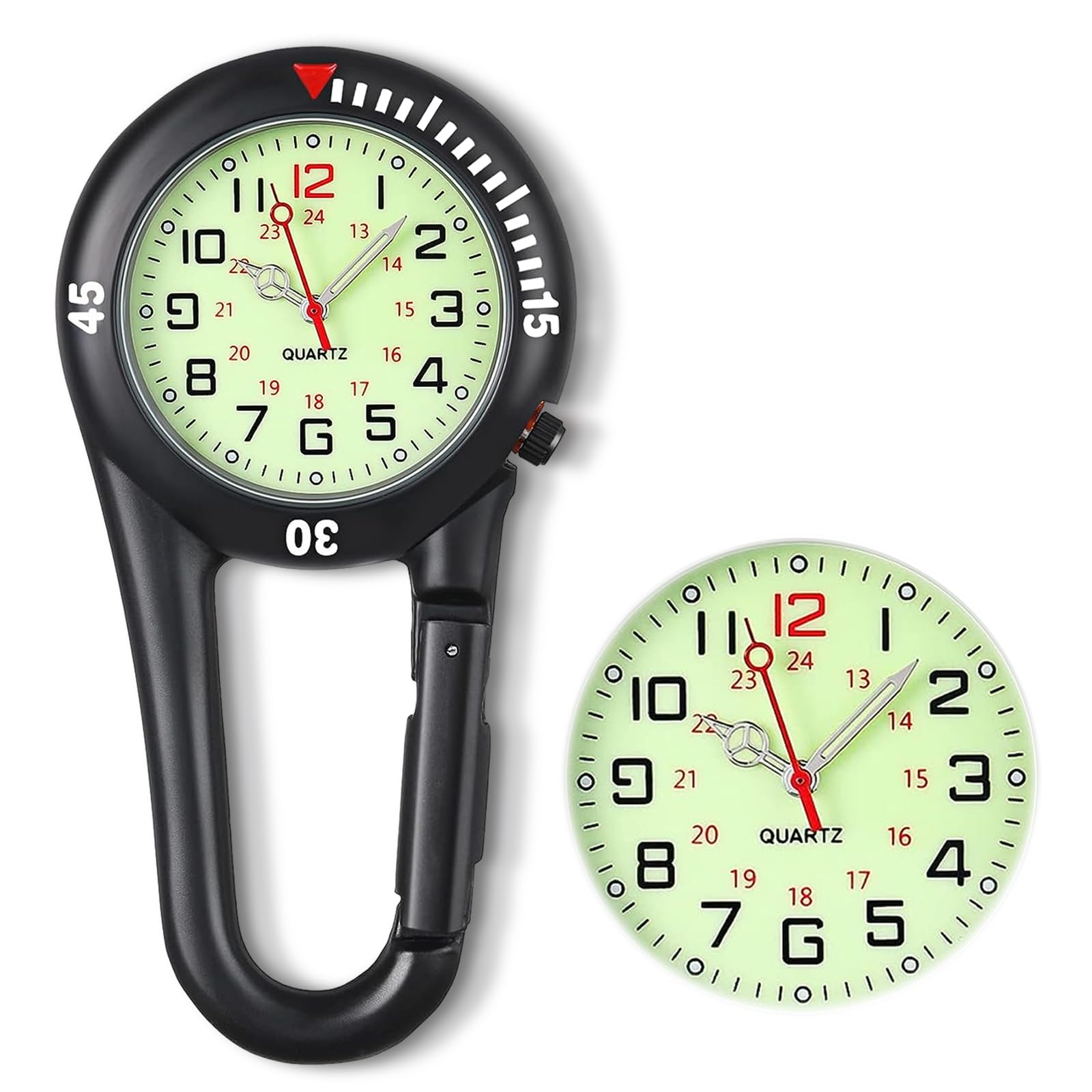 Nurse Watch Clip On Fob Watch with Carabiner - Black Quartz Dial Watch for Medical Professionals, Doctors, Nurses & Paramedics - Perfect for Healthcare Workers, Chefs & Outdoor Activities