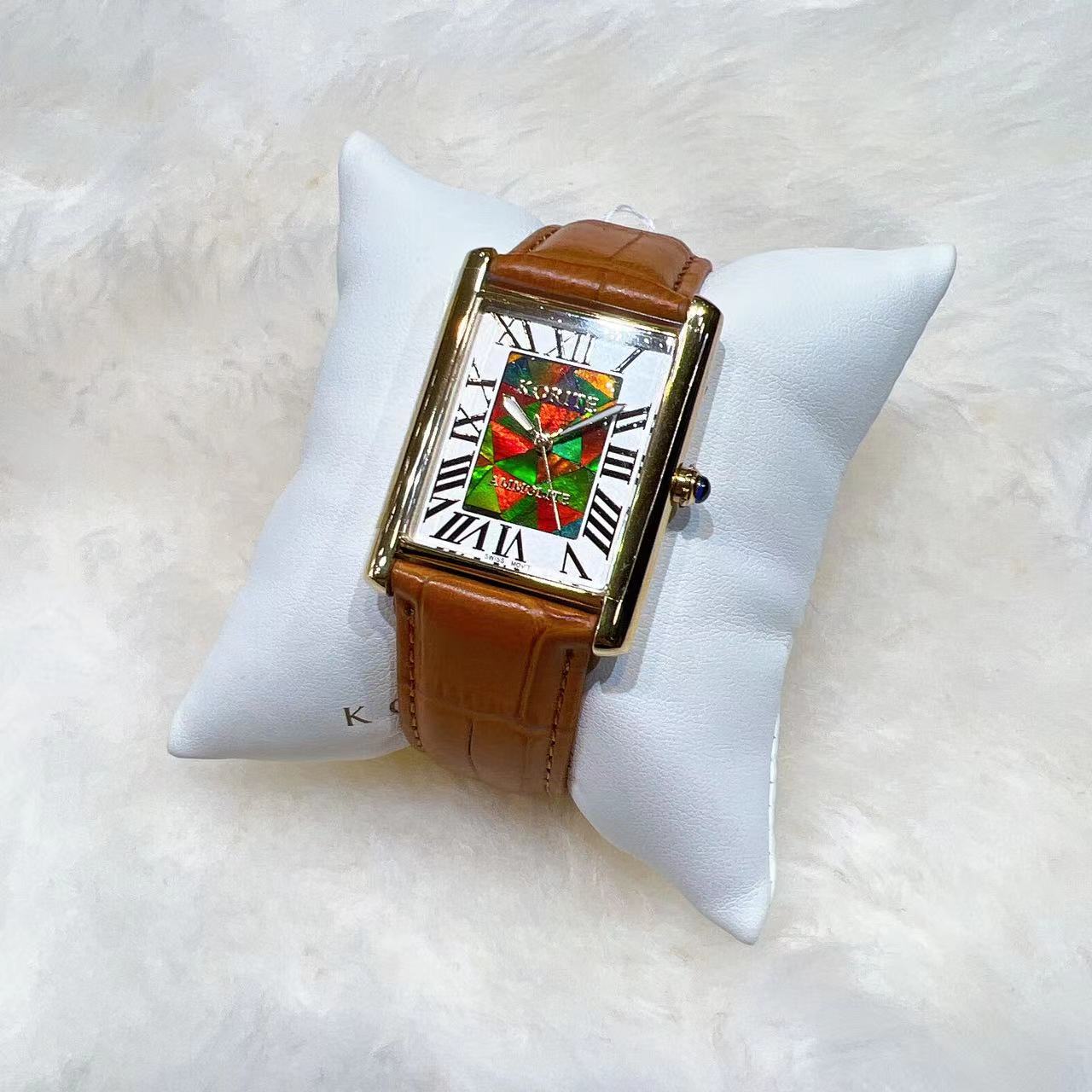 Korite Ammolite Watch - Large Roman Mosaic Rectangle Watch with Genuine Tan Leather Strap | Luxury Jewelry Watch for Women, Gift for Her, Special Occasion & Formal Events