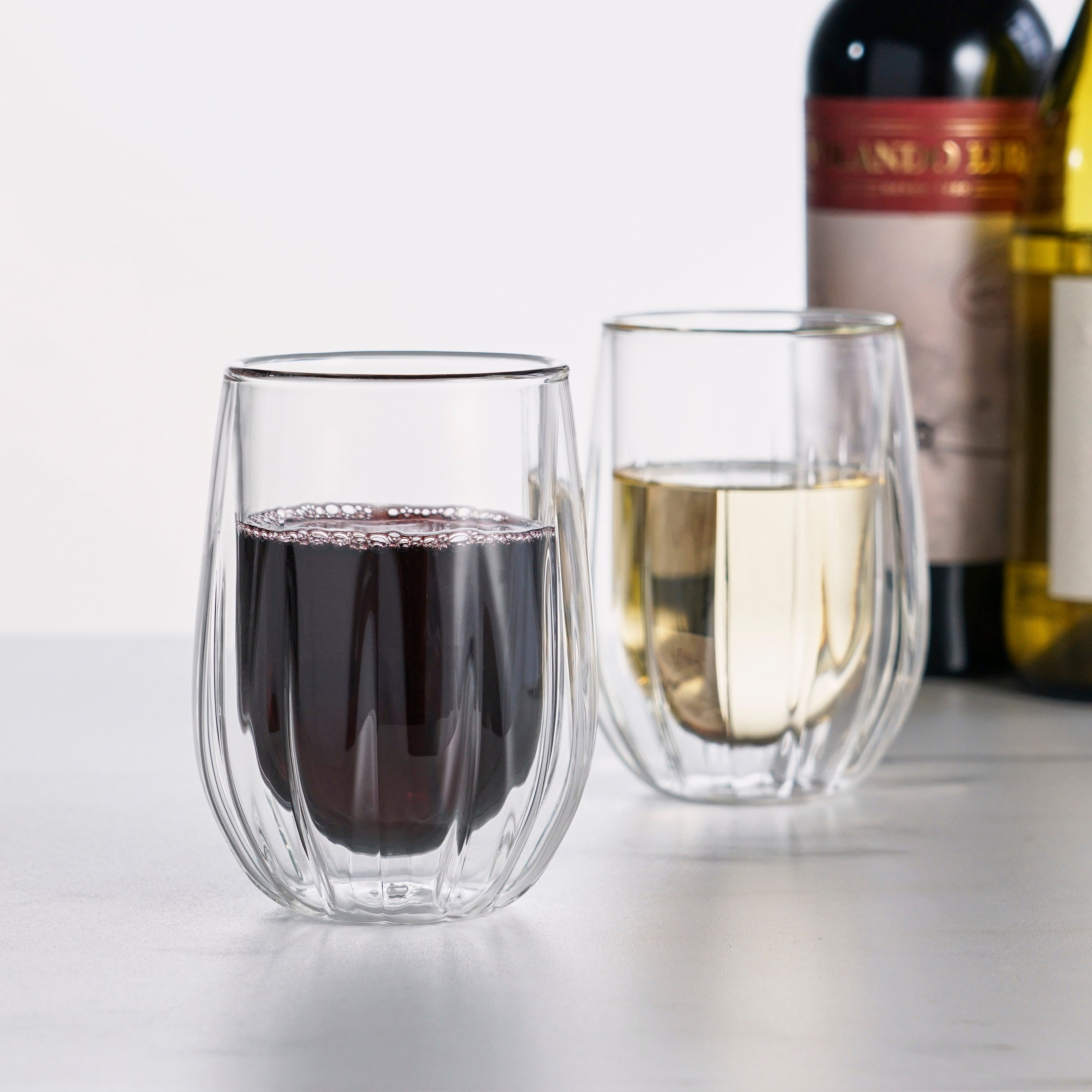 Premium Double Walled Stemless Wine Glasses Set of 2 - Shatterproof & Elegant for Red/White Wine, Cocktails - Perfect for Dinner Parties, Romantic Dates & Outdoor Picnics