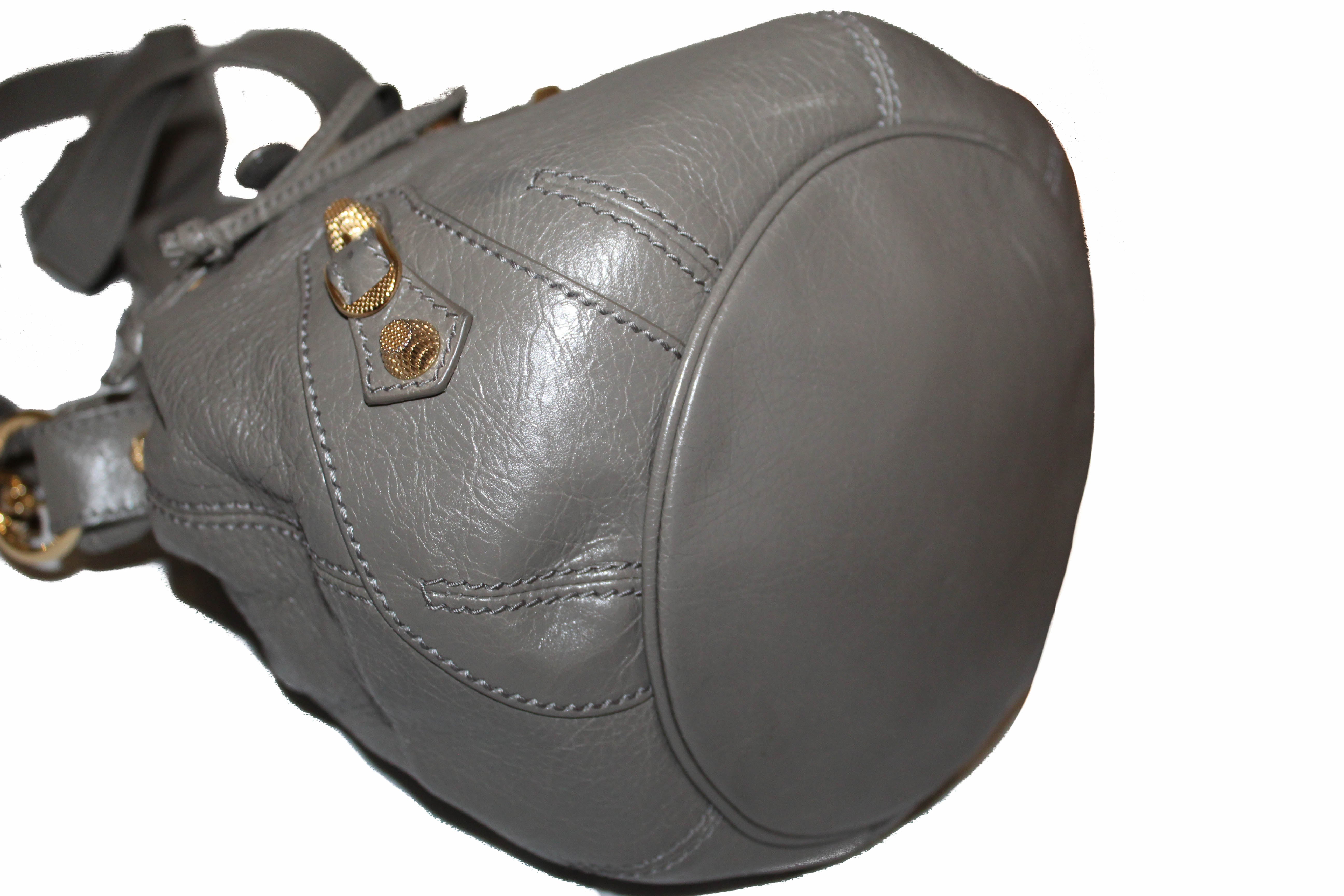 Balenciaga Grey Leather Mini Pompon Bucket Messenger Bag - Authentic Designer Crossbody Purse for Women | Perfect for Everyday Use, Travel & Fashion Accessories