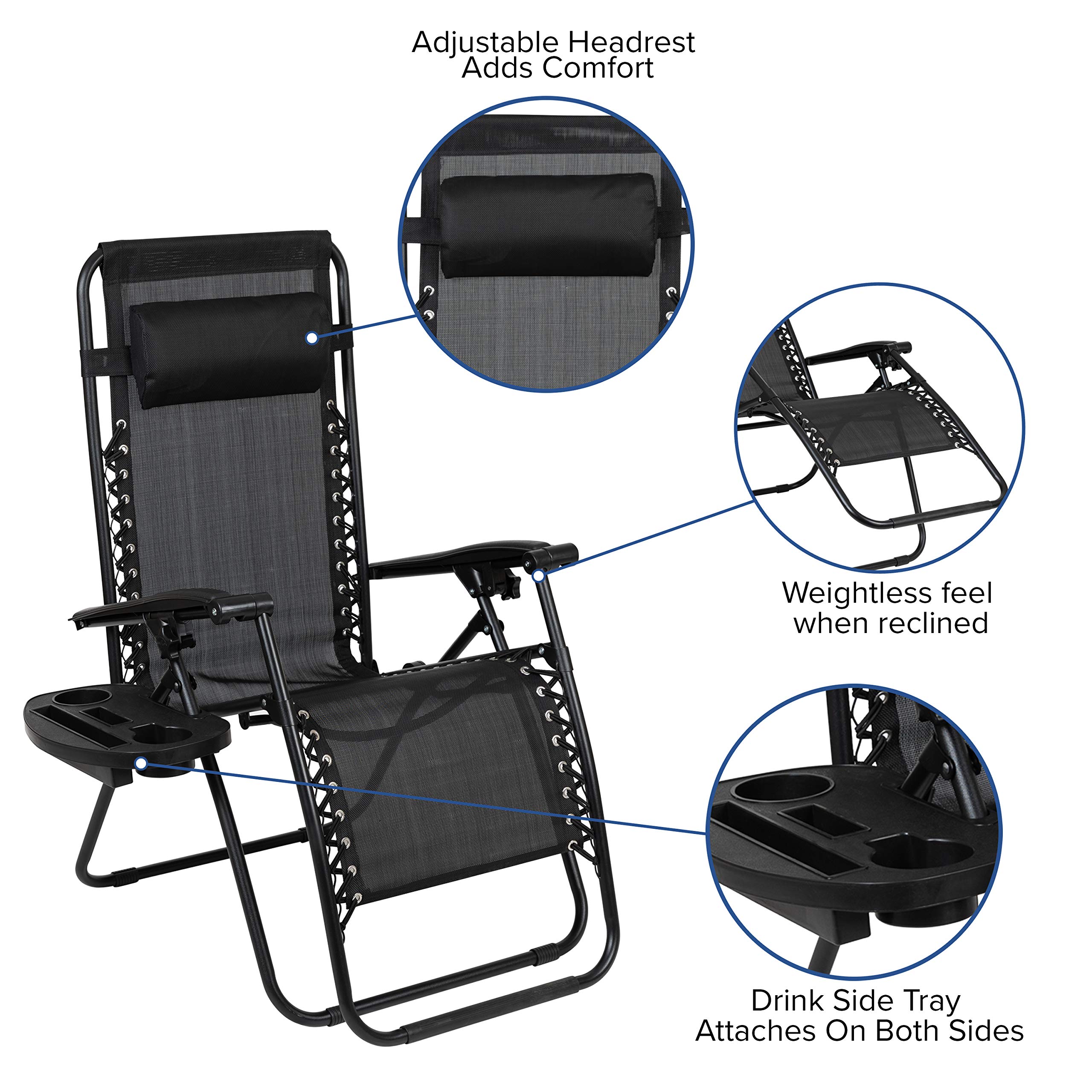 EMMA + OLIVER 2 Pack Adjustable Zero Gravity Lounge Chairs with Mesh Fabric & Cup Holder Tray - Outdoor Patio Furniture for Poolside, Beach, Garden Relaxation - Black