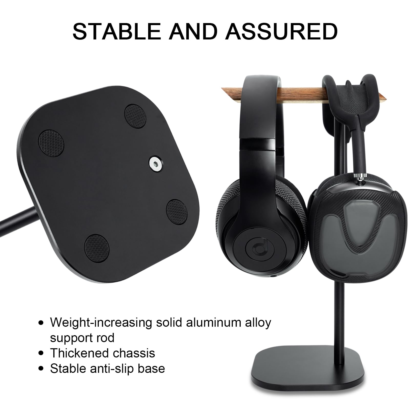 Premium Walnut Wood Headphone Stand with Aluminum Alloy Rod - Dual Headset Holder for Desk, Supports Suspension Hanging - Perfect for Gaming, Office & Home Studio Setup