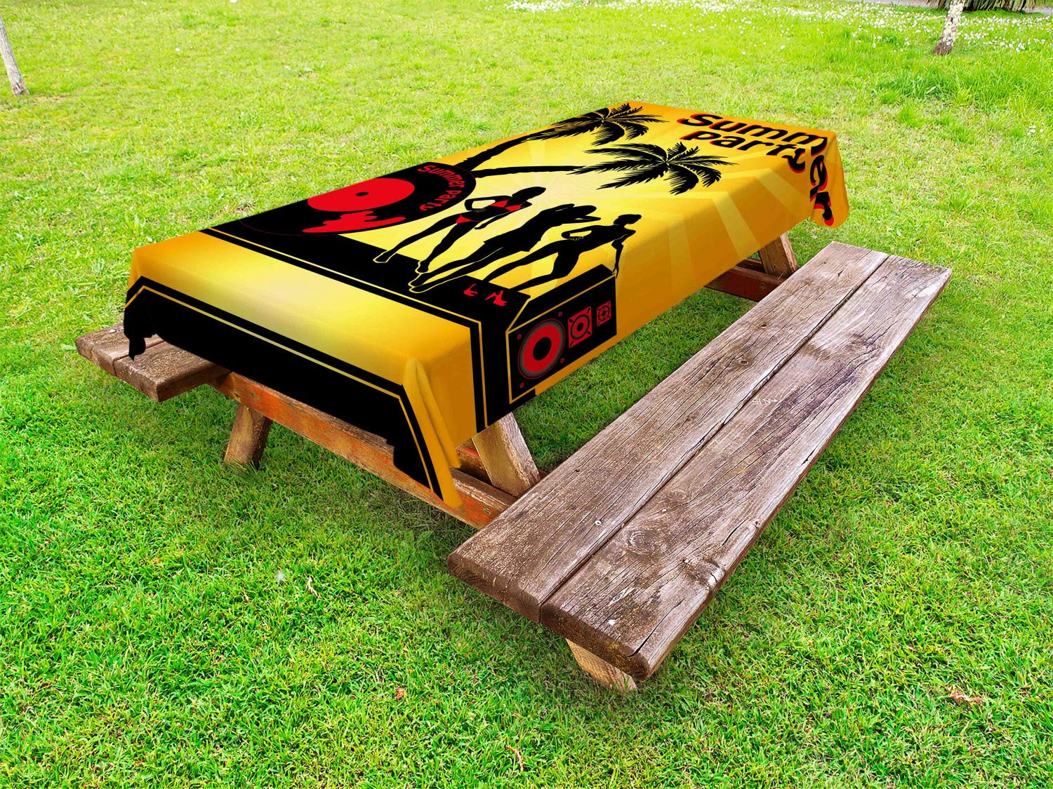 Ambesonne Waterproof Beach Tablecloth - Tropical Palm & Vinyl Record Design, 58