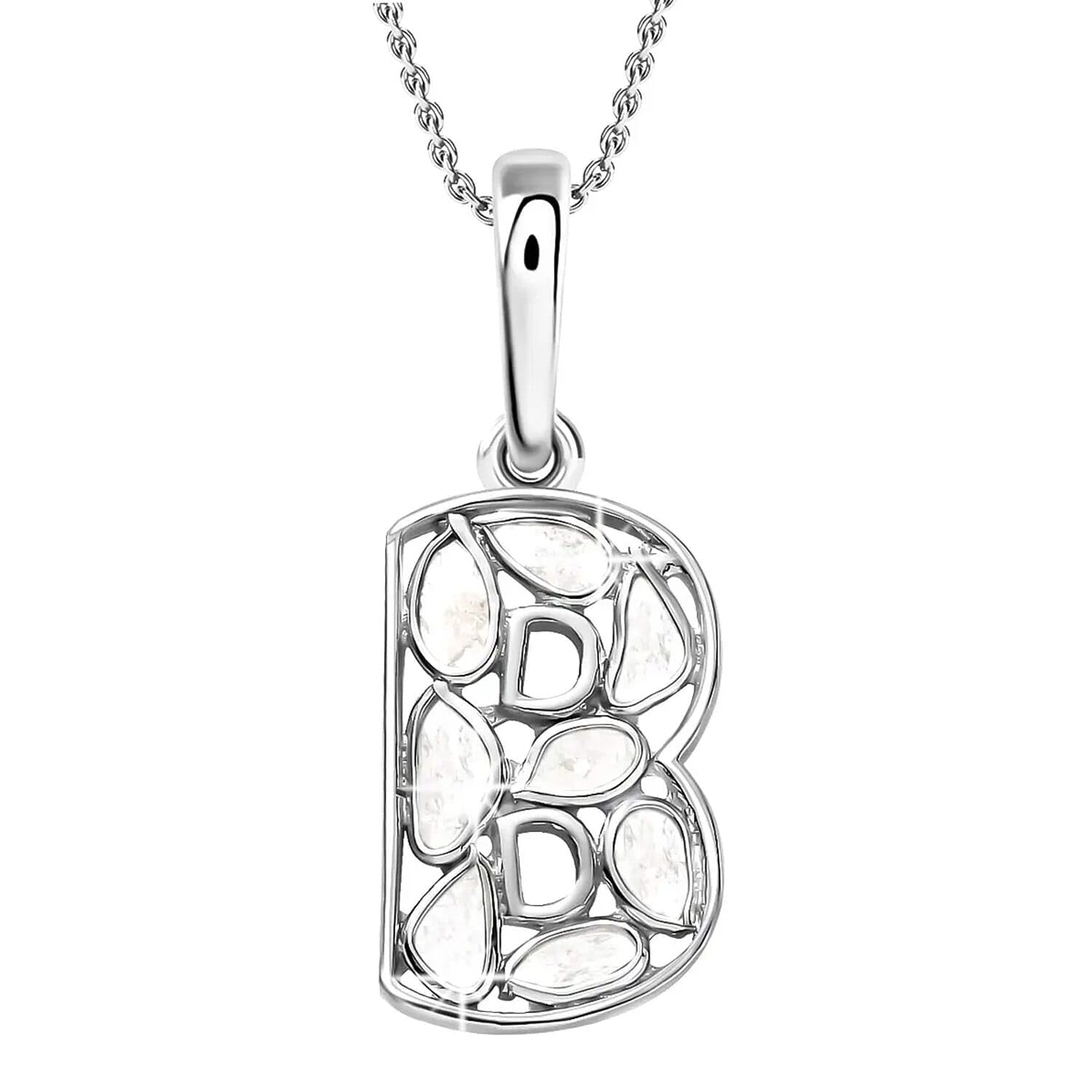 925 Sterling Silver Polki Diamond Initial Necklace for Women - Platinum Plated, 20