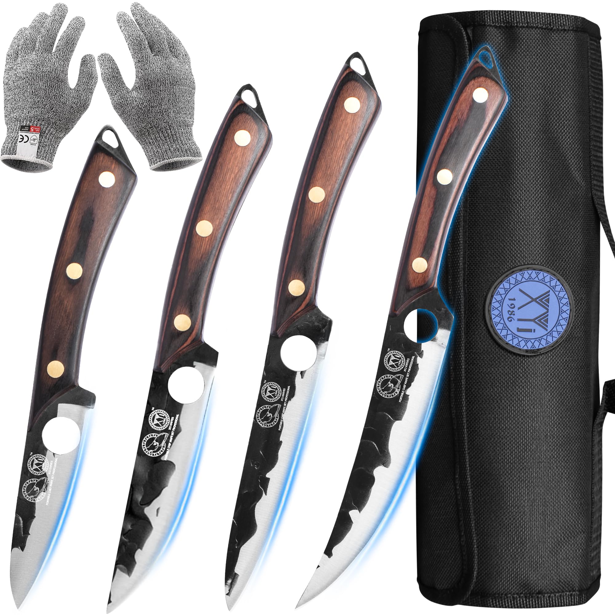 XYJ Professional Kitchen Knife Set - 6-Piece High-Carbon Stainless Steel Forged Chef Knives with Full Tang Design (Chef Knife, Cleaver, Carving Knife, Nakiri) Includes Carrying Case & Poultry Shears - Perfect for Home Cooking, Professional Chefs & Culinary Enthusiasts