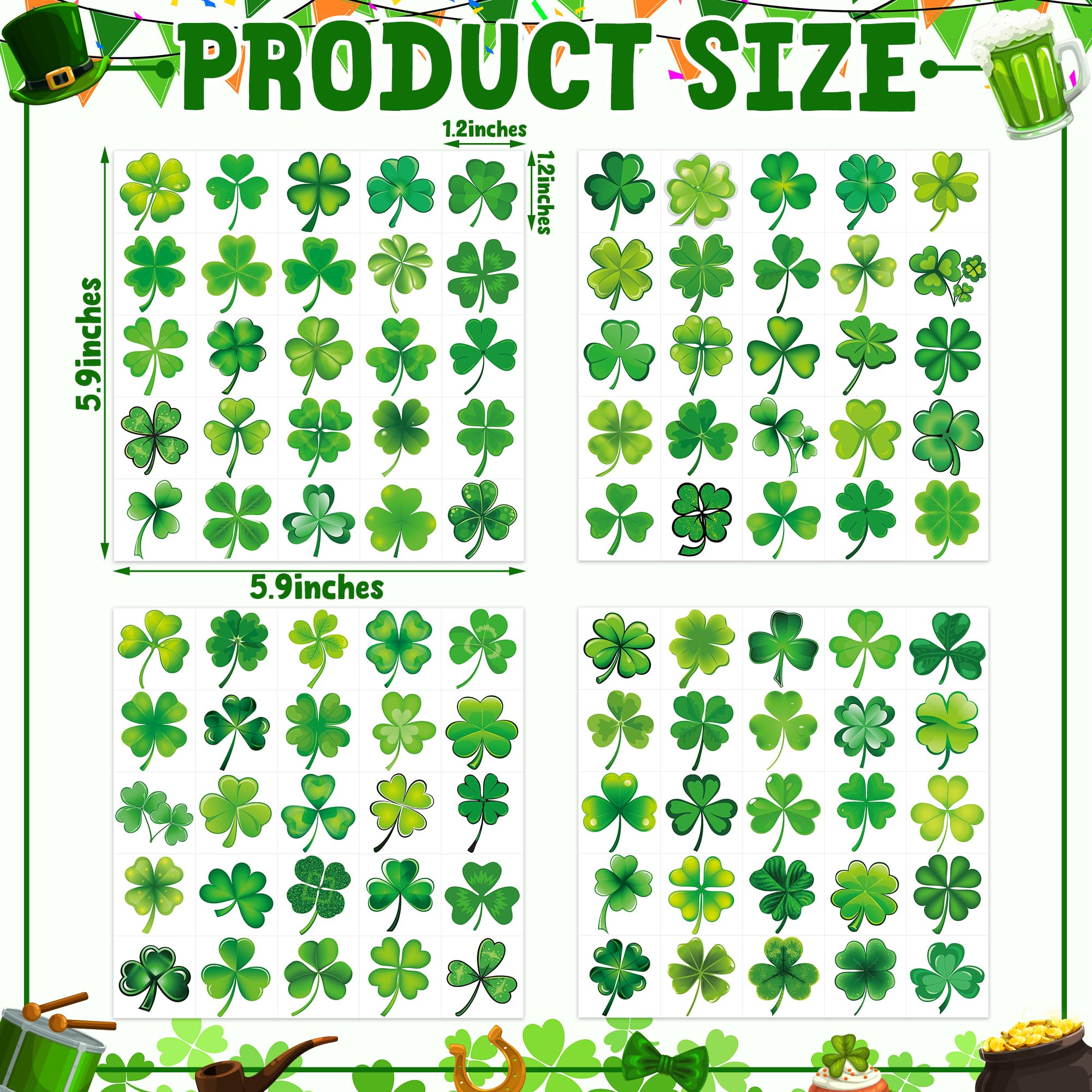 100 PCS St Patrick's Day Temporary Tattoos - 4 Sheets Green Shamrock Tattoos for Kids & Adults | Waterproof Party Favors & Accessories | Perfect for St Patrick's Day Celebrations, Parades & Festivals