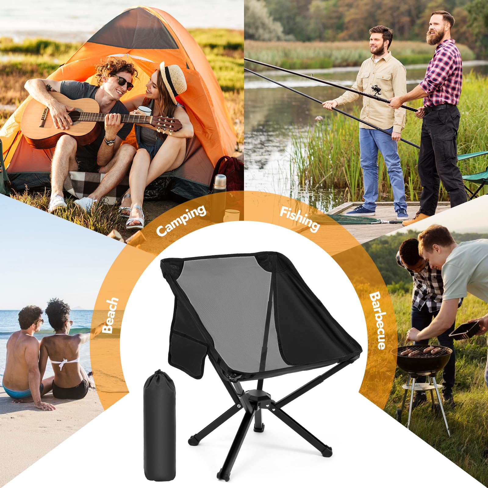 2 Pack Portable Camping Chairs - Heavy Duty 350 LBS Capacity Lightweight Folding Chairs with Carry Bag - Perfect for Outdoor Adventures, Beach, Fishing, Picnics, Concerts & Backpacking (Black)