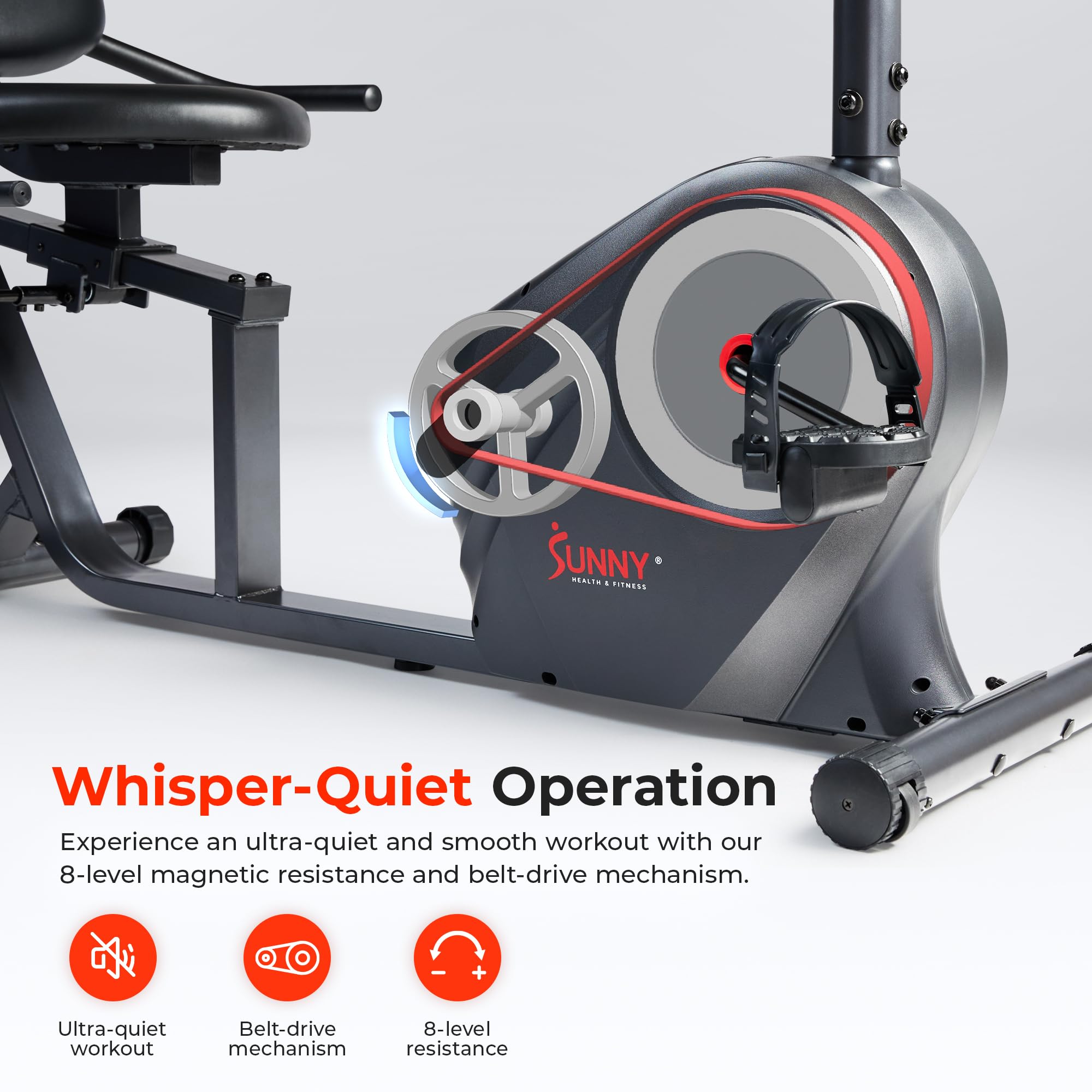 Sunny Health & Fitness Smart Heavy-Duty Recumbent Exercise Bike with Wide Cushioned Seat & Back Support - Indoor Cycling Machine for Adults & Seniors - Home Workout Equipment with Free SunnyFit App Connectivity & Optional Resistance Bands - Perfect for Low-Impact Cardio, Rehabilitation & Home Gym Training