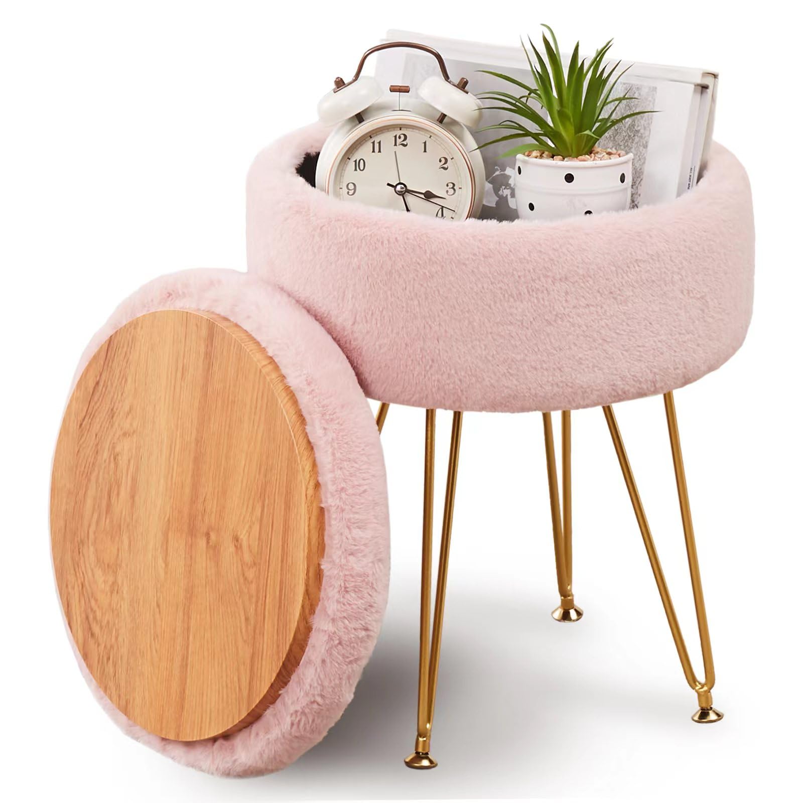 **Cplxroc Round Faux Fur Ottoman with Storage - Pink Footstool, Vanity Chair, Coffee Table Ottoman for Living Room, Bedroom & Dorm Decor**    *(Use as a cozy footrest, extra seating, or stylish storage solution for your home!)*