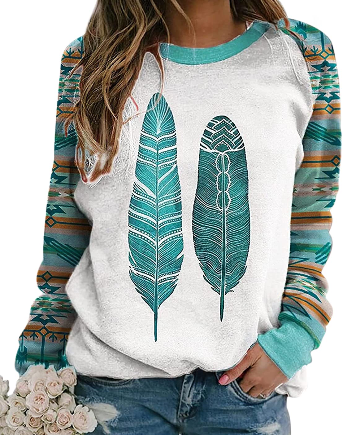 Lafolie Women's Western Aztec Print Crewneck Sweatshirt - Long Sleeve Ethnic Style Casual Top for Fall & Winter | Perfect for Cowgirl Outfits, Western Parties and Everyday Wear
