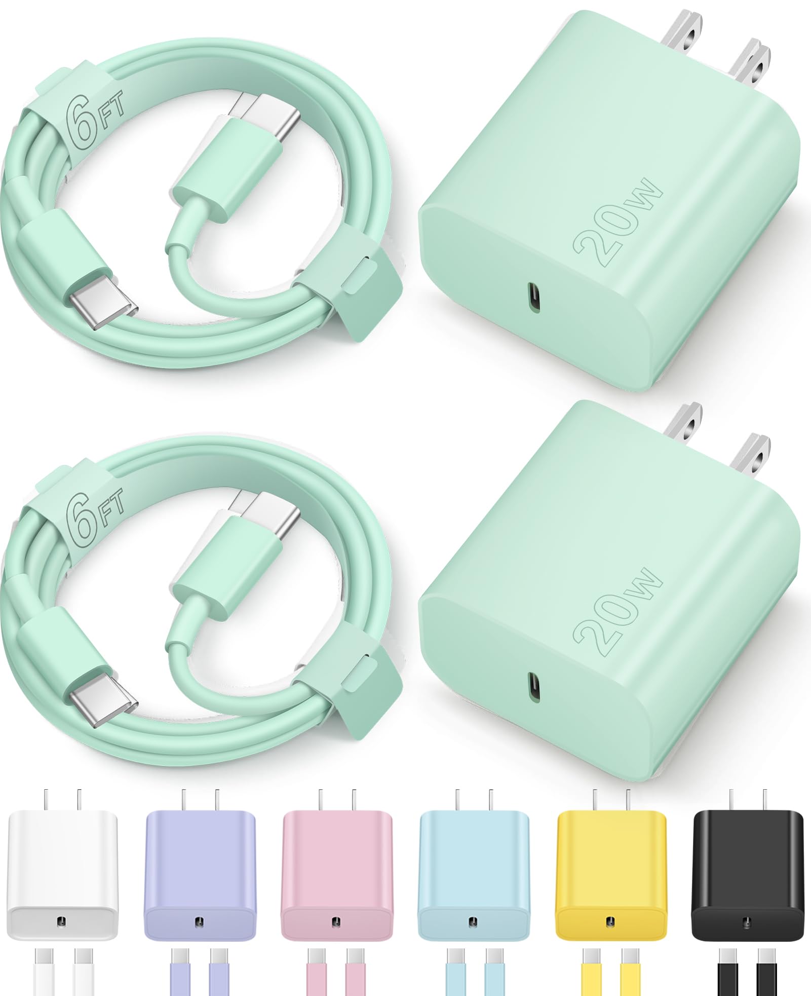 Fast Charging USB C Charger Block with 6FT Cable (2 Pack) - Compatible with iPhone 16/16 Plus/16 Pro/16 Pro Max & iPhone 15 Series - Also Works with Samsung Devices - Green | Perfect for Home, Office & Travel Charging