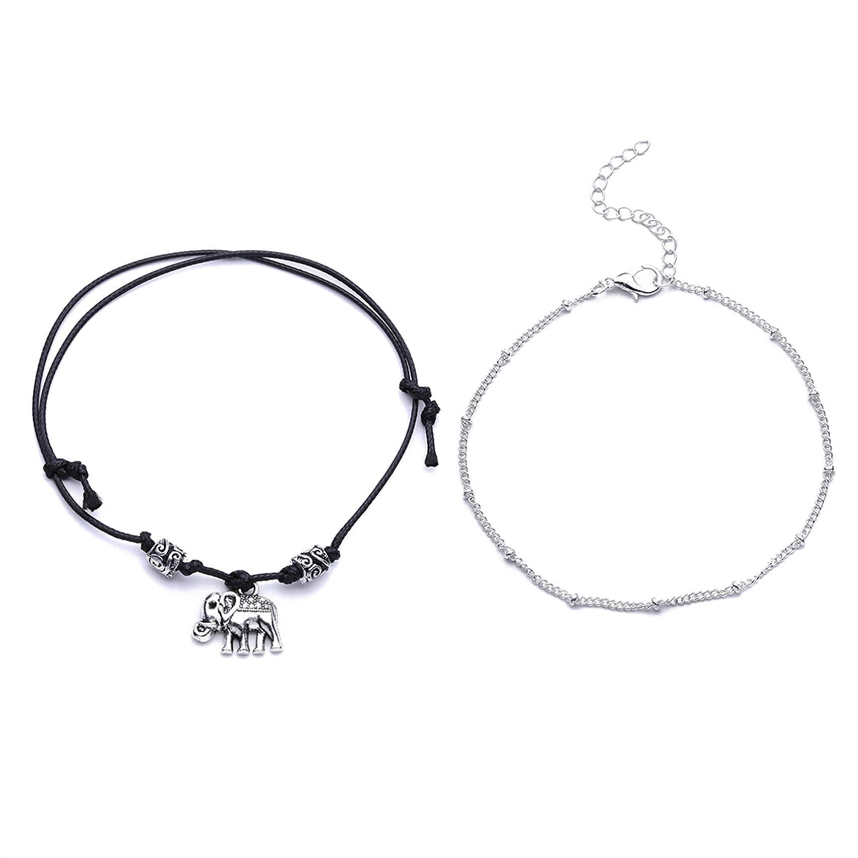 FENGGUO Women's Elephant Layered Anklet - Black Beaded Rope Ankle Bracelet Chain for Women & Teens (21.5cm) - Boho Beach Jewelry for Summer Outfits & Festival Fashion