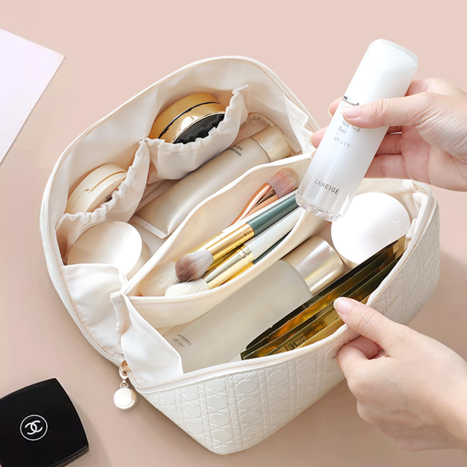 Large Travel Makeup Bag for Women - Waterproof PU Leather Cosmetic Organizer with Divider, Portable Toiletry Bag (Creamy White) - Perfect for Vacation, Gym & Daily Essentials Storage