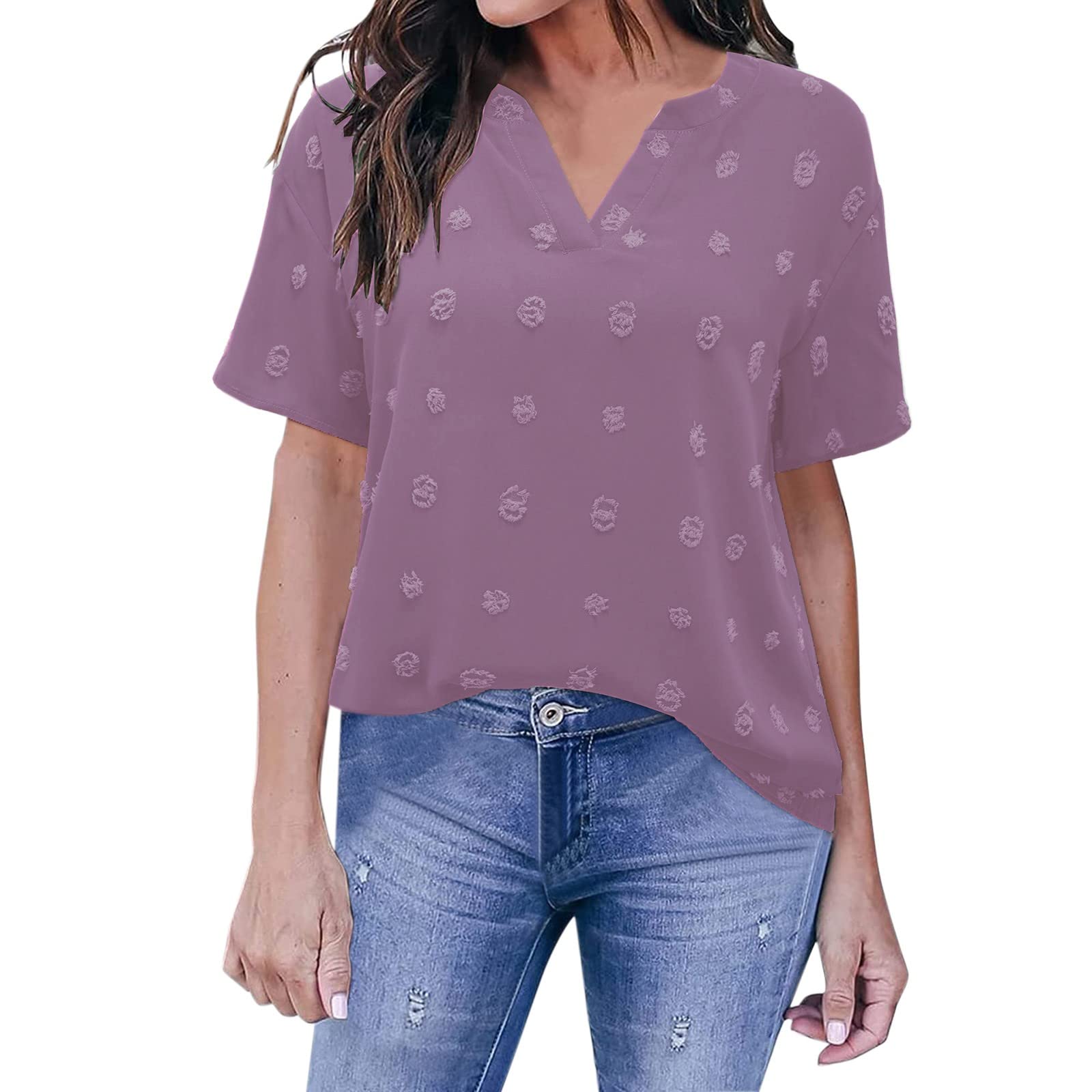 Women's Short Sleeve V-Neck Polka Dot Tunic Tops - Casual Lounge Blouses for Petite & Misses Sizes - Perfect for Work, Weekend Outfits & Relaxing at Home