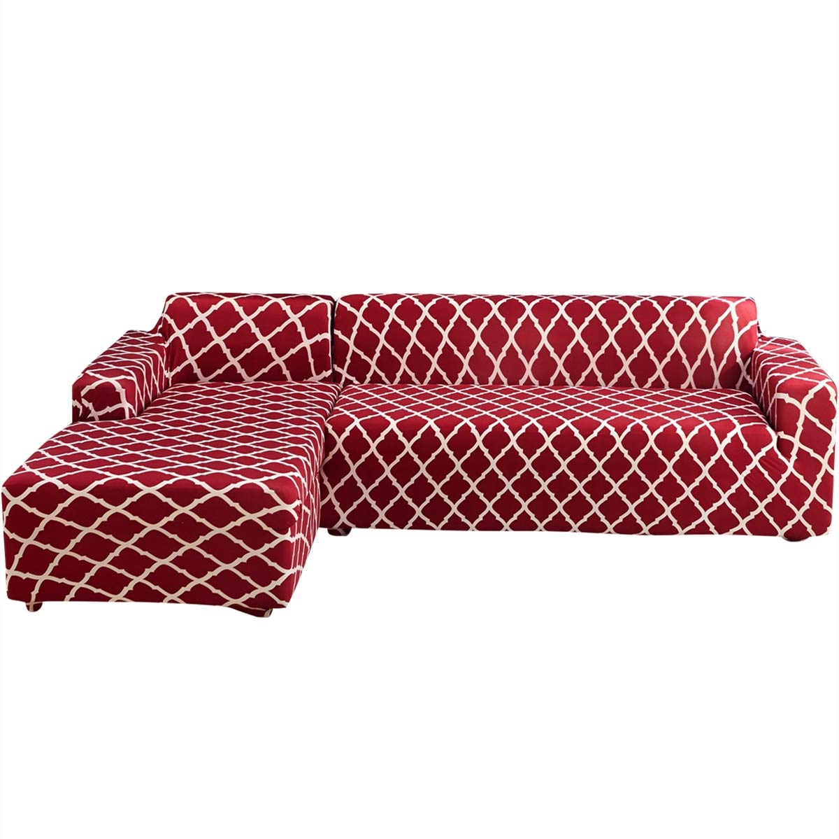 Stretchable L-Shaped Sectional Sofa Cover 2-Piece Set - Pet & Kid Proof Furniture Protector Slipcover for L-Shaped Couches - Wine Red (3+3 Seater) - Perfect for Living Room, Family Room & Pet-Friendly Homes
