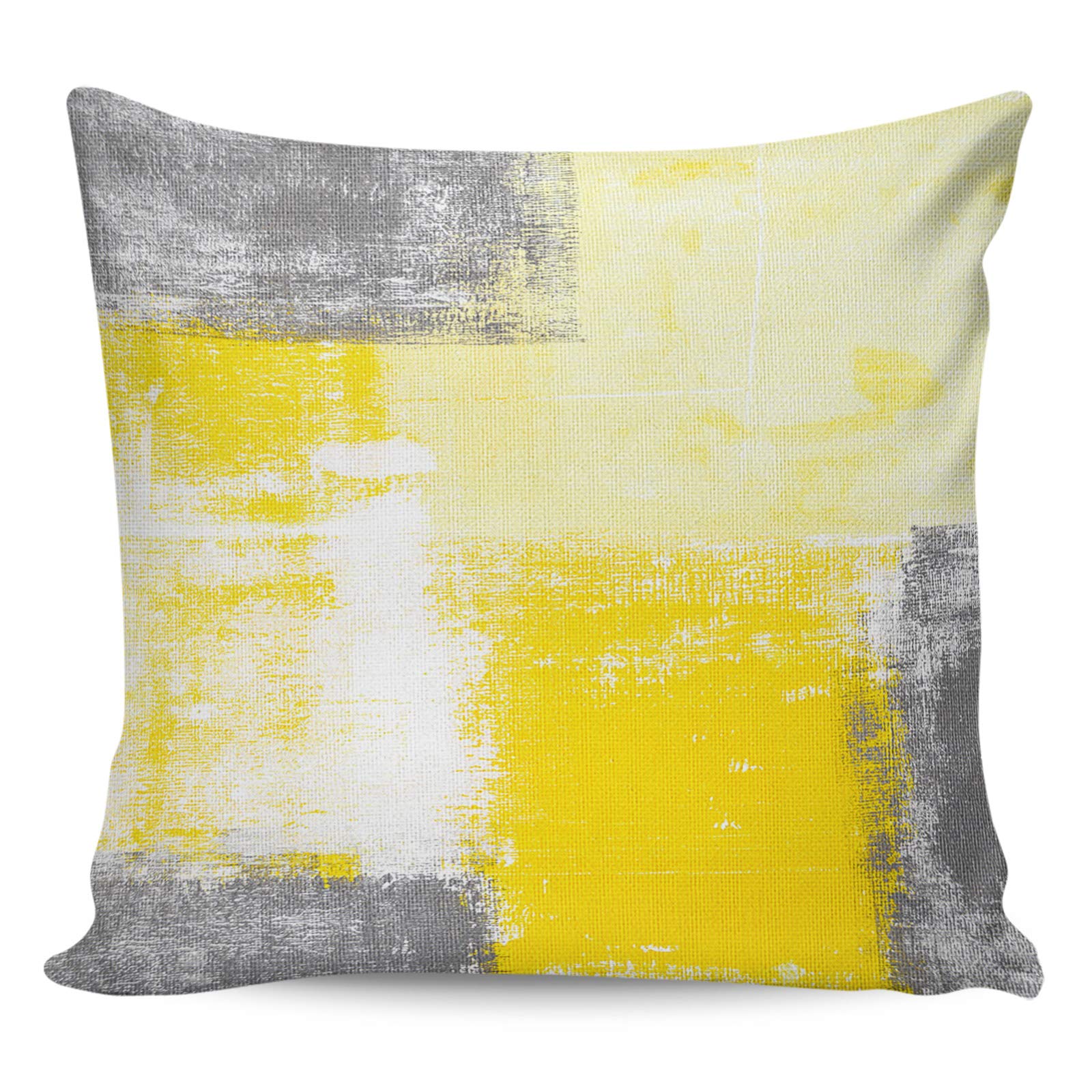 Modern Yellow & Grey Square Pillow Cover 18x18 Inch - Cotton Linen Decorative Throw Pillow Case for Sofa, Bed, Couch - Home Decor & Outdoor Living Room Accent Cushion - Contemporary Geometric Art Design