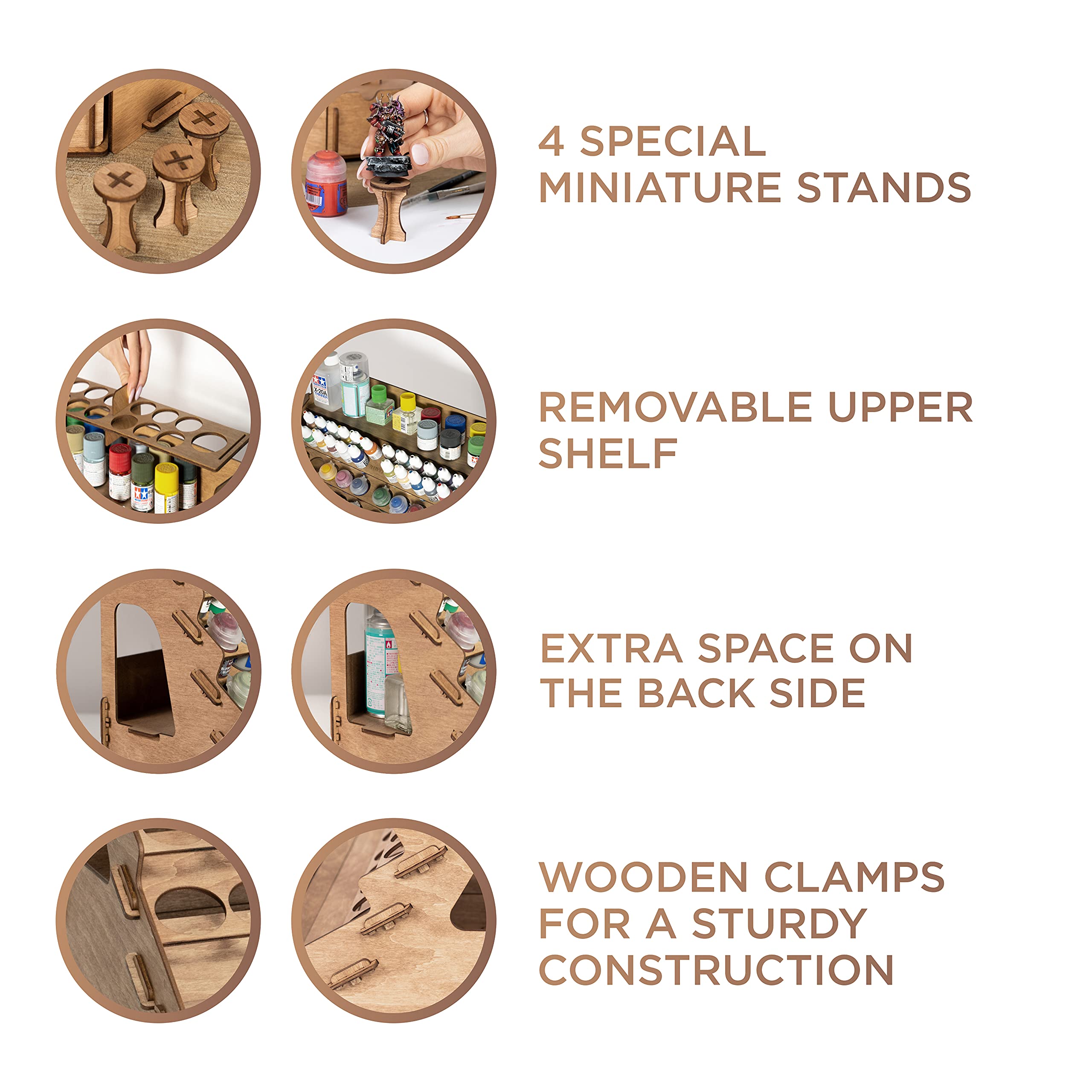 58-Hole Wooden Paint Storage Rack with 2 Corner Racks - Organizer for 32 Paint Bottles & 46 Brushes - Perfect for Miniature Painting, DIY Crafts & Hobby Artists