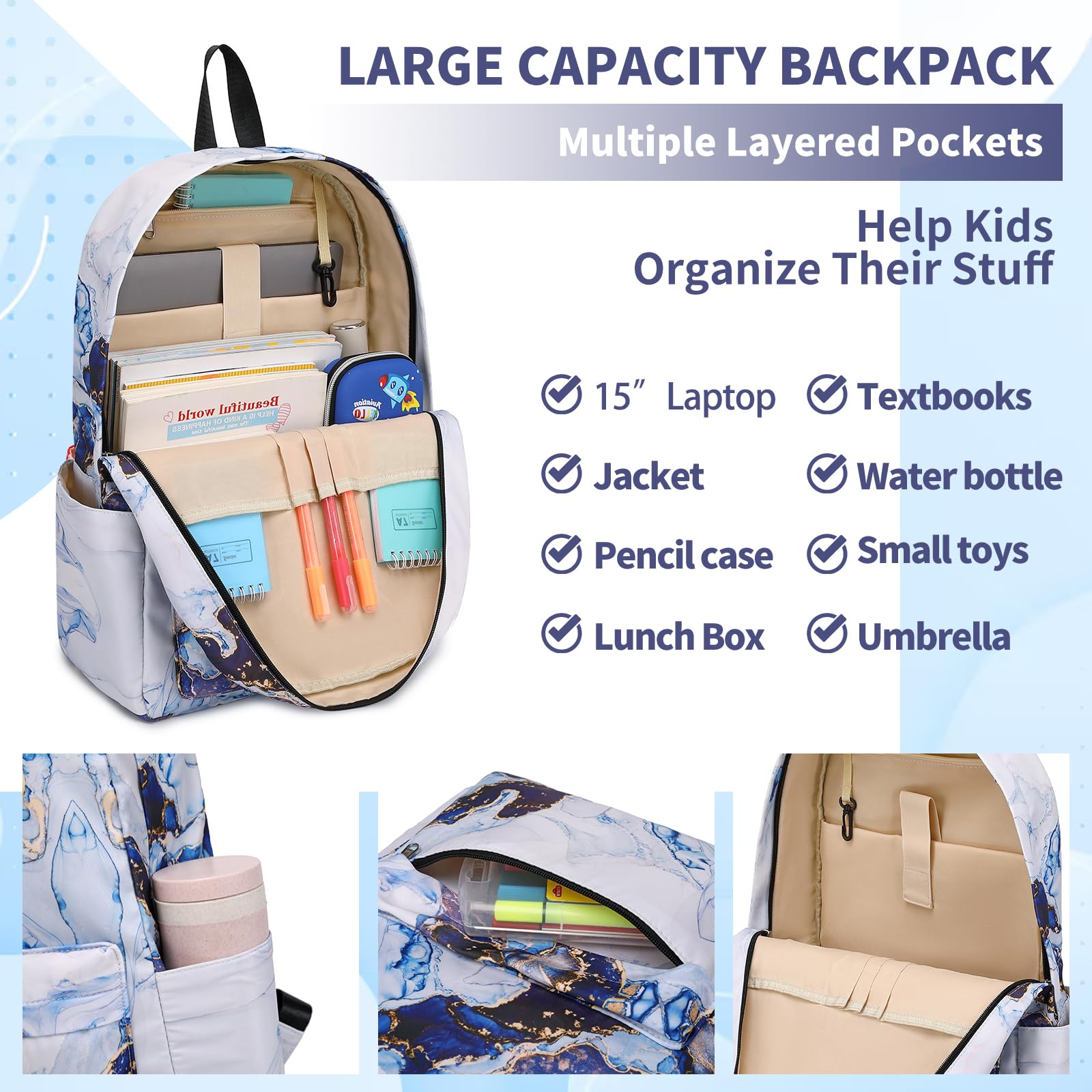 AUIVTY School Backpack for Girls & Boys - Teens Bookbag with Lunch Box Set - Large Navy Blue Backpack for Elementary & Middle School - Perfect for Daily Use, School Trips & Outdoor Activities